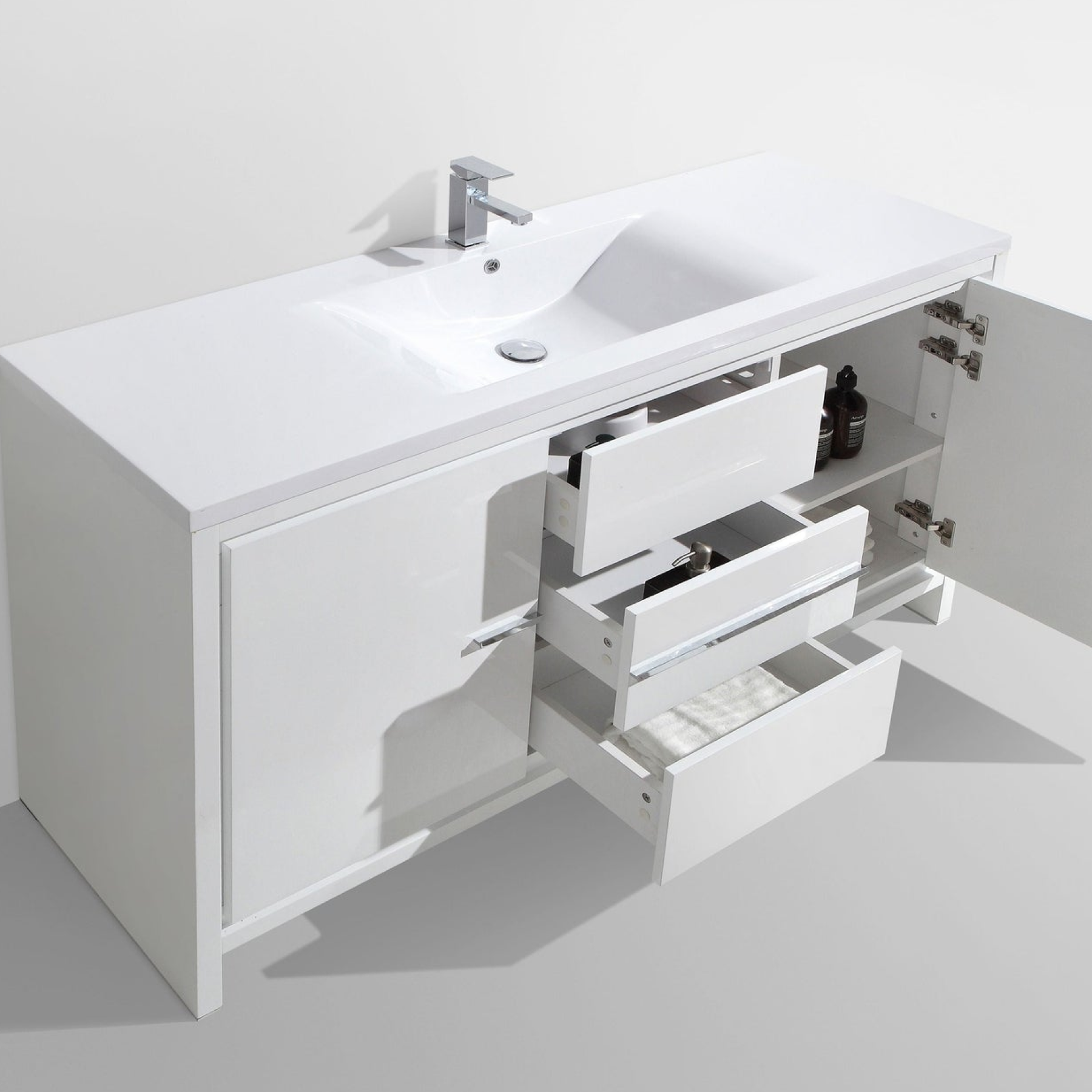 Amara 60" High Gloss White Freestanding Vanity With Single Reinforced White Acrylic Sink