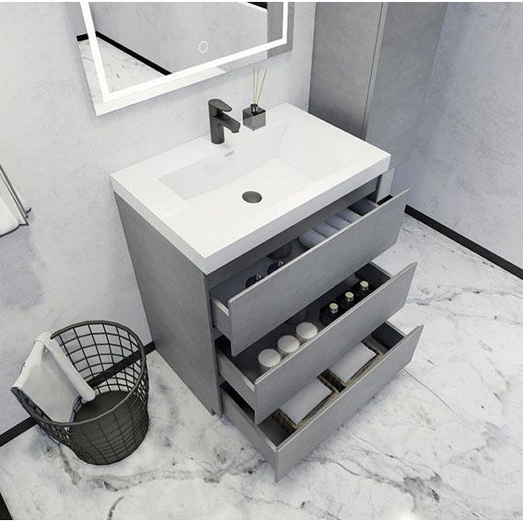 Elysian 30" Cement Gray Freestanding Vanity With Single Reinforced White Acrylic Sink