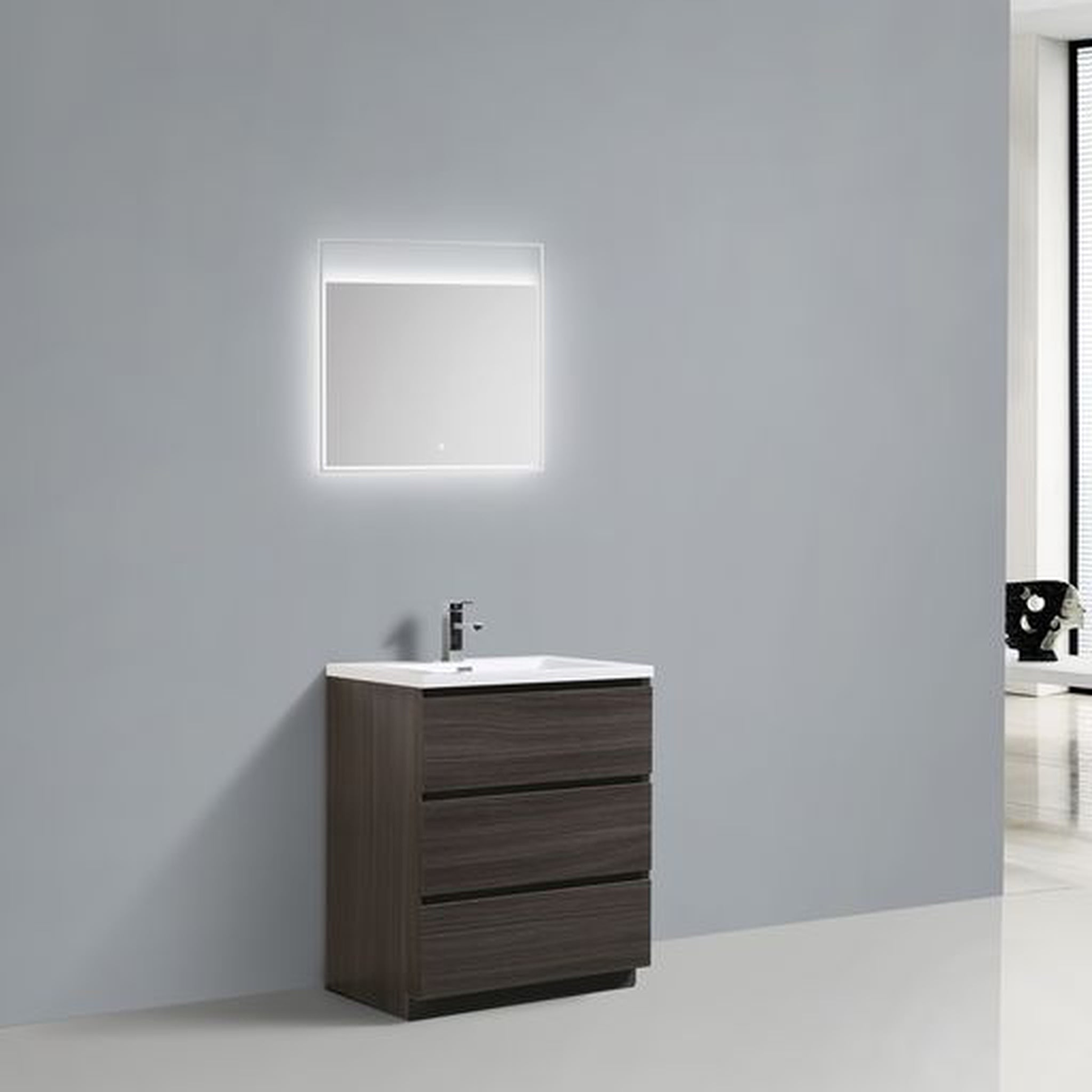 Elysian 30" Dark Gray Oak Freestanding Vanity With Single Reinforced White Acrylic Sink