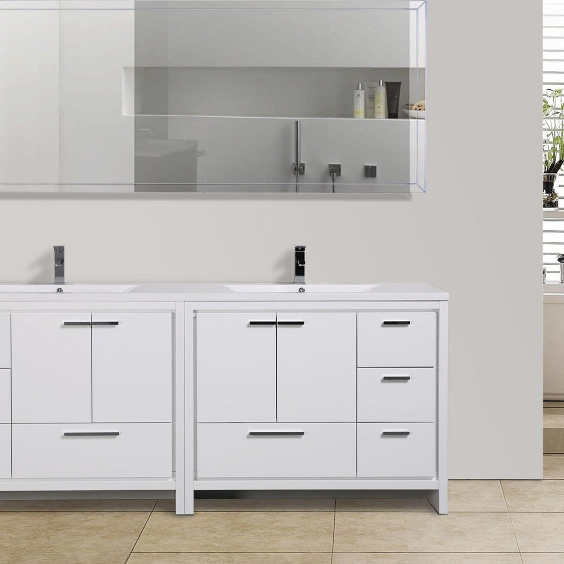 Amara 84" High Gloss White Freestanding Vanity With Double Reinforced White Acrylic Sinks