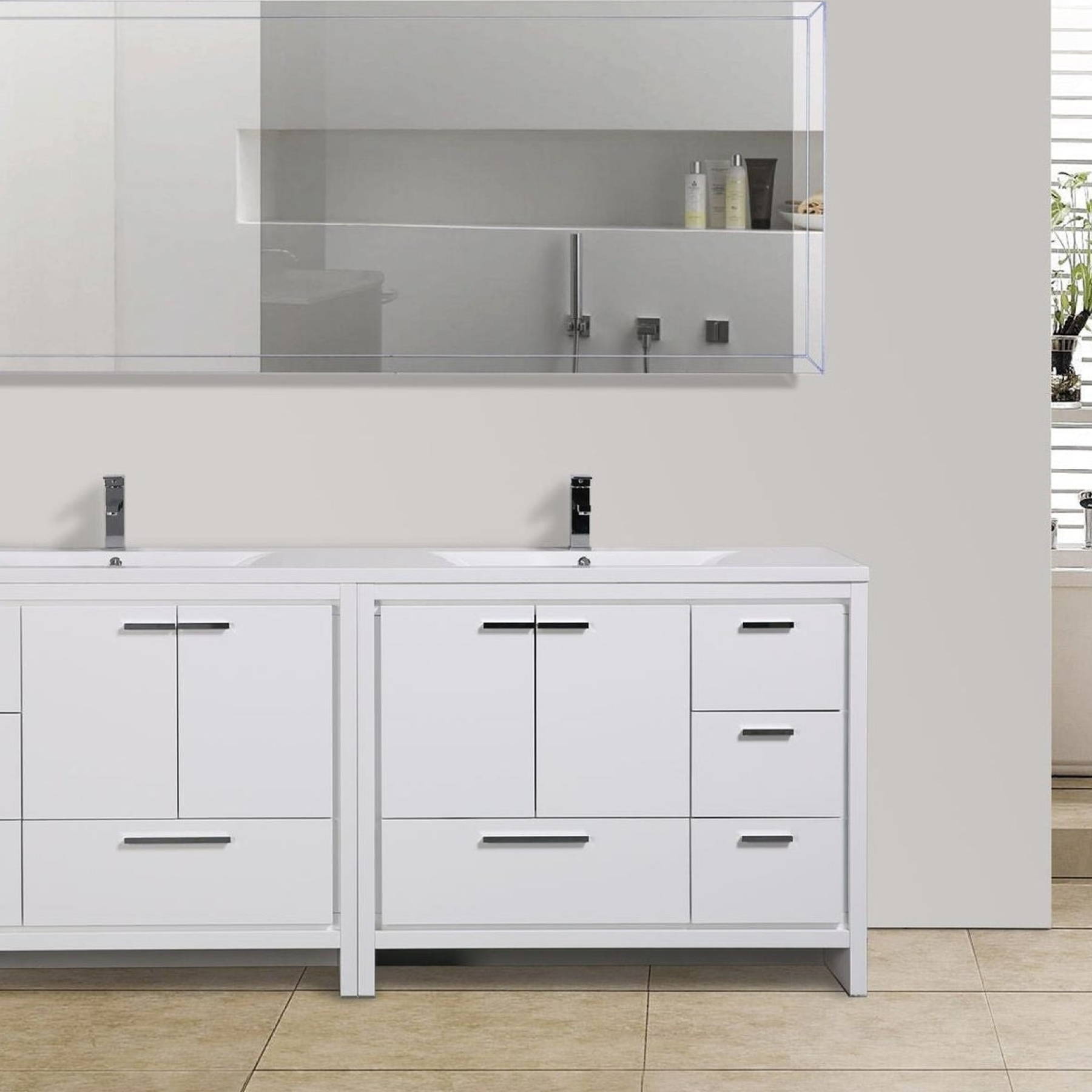 Amara 84" High Gloss White Freestanding Vanity With Double Reinforced White Acrylic Sinks