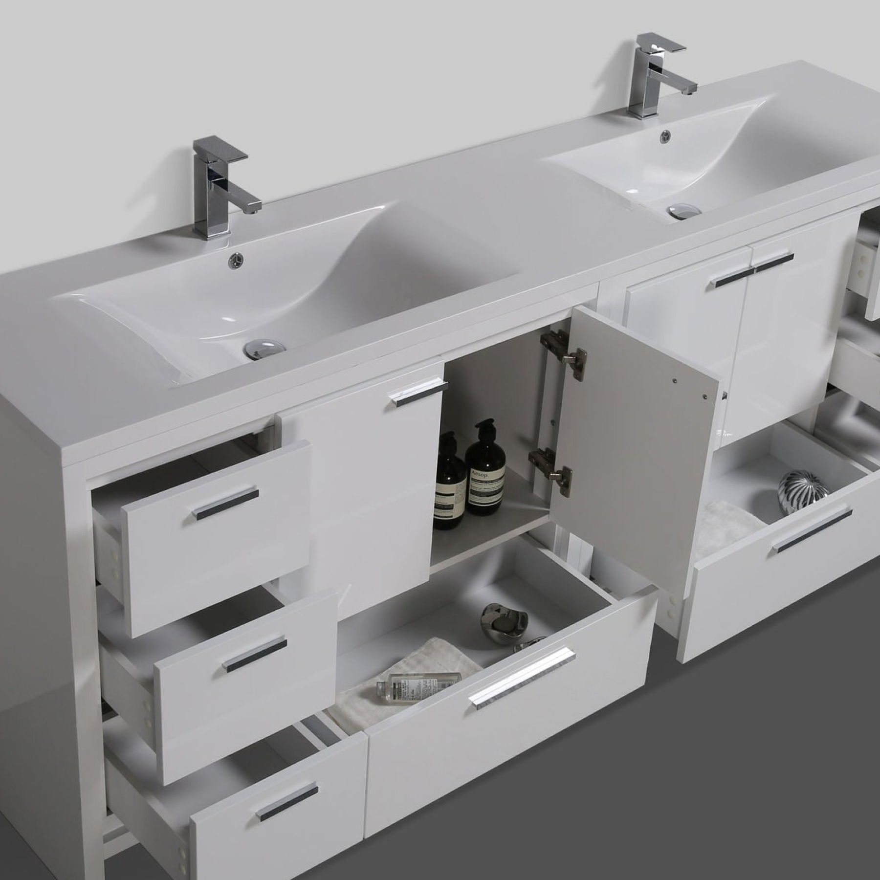 Amara 84" High Gloss White Freestanding Vanity With Double Reinforced White Acrylic Sinks