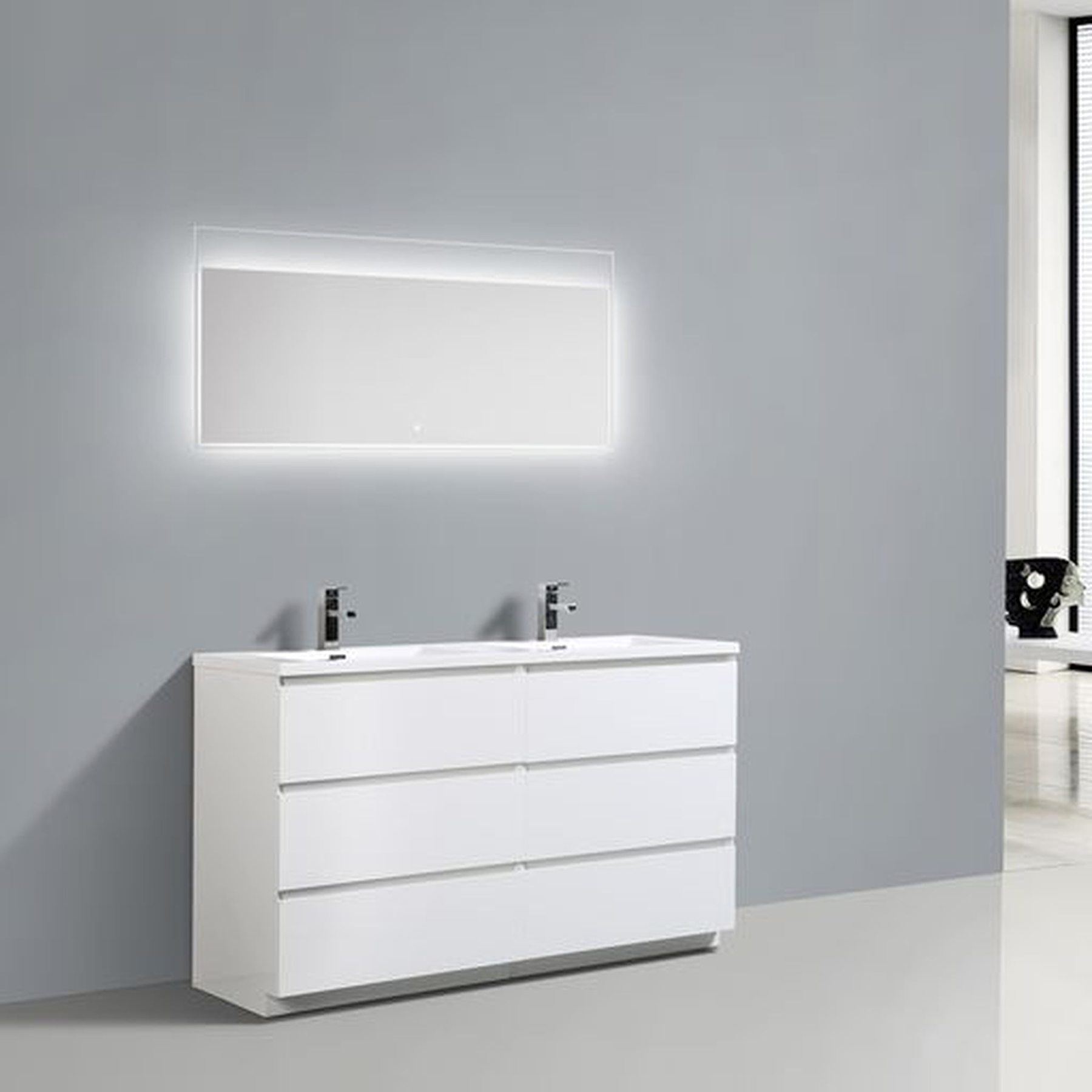 Elysian 60" High Gloss White Freestanding Vanity With Double Reinforced White Acrylic Sinks