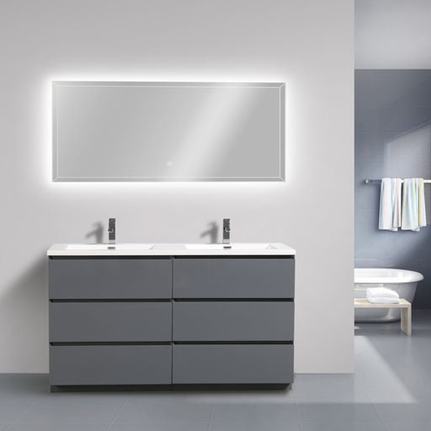 Elysian 60" High Gloss Gray Freestanding Vanity With Double Reinforced White Acrylic Sinks