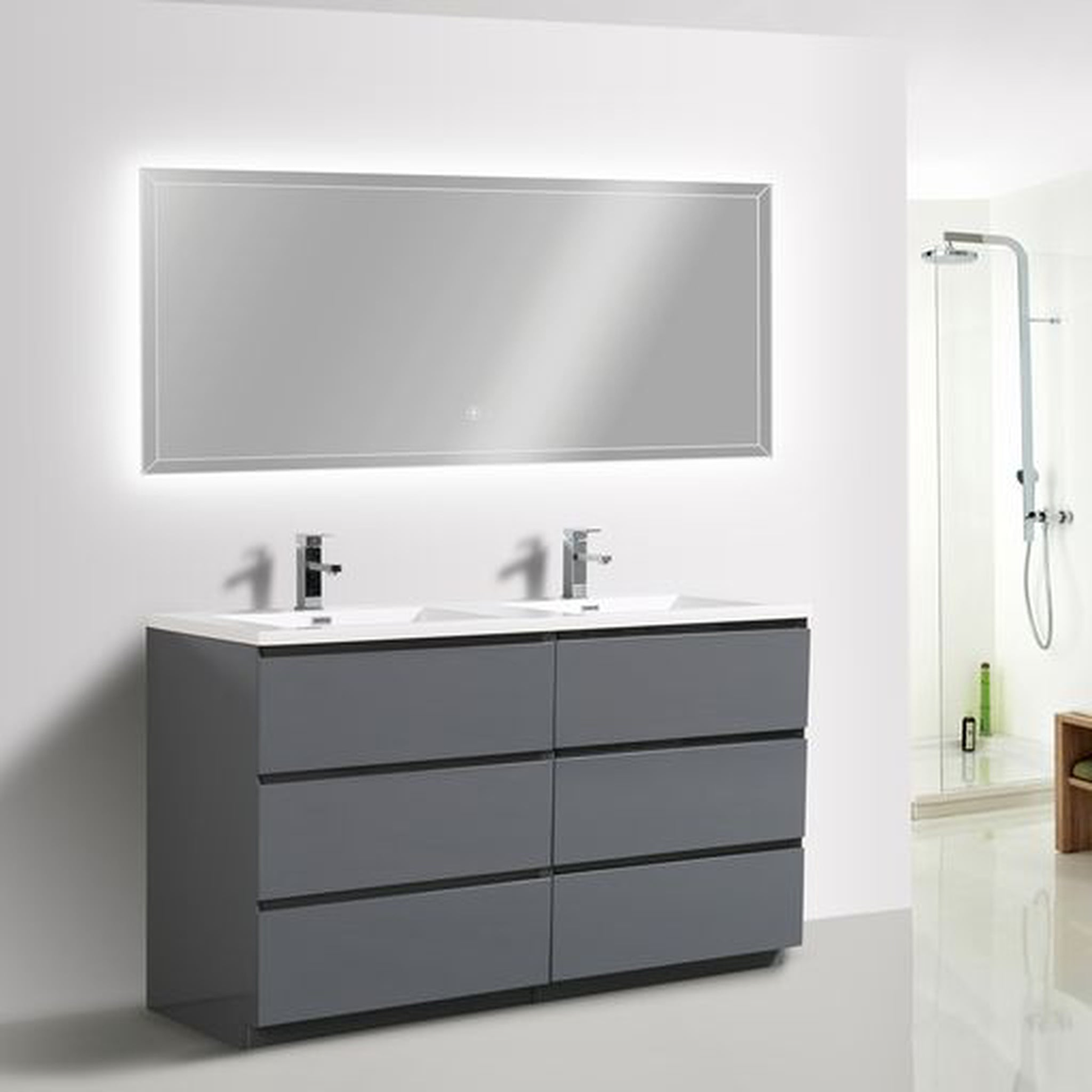 Elysian 60" High Gloss Gray Freestanding Vanity With Double Reinforced White Acrylic Sinks