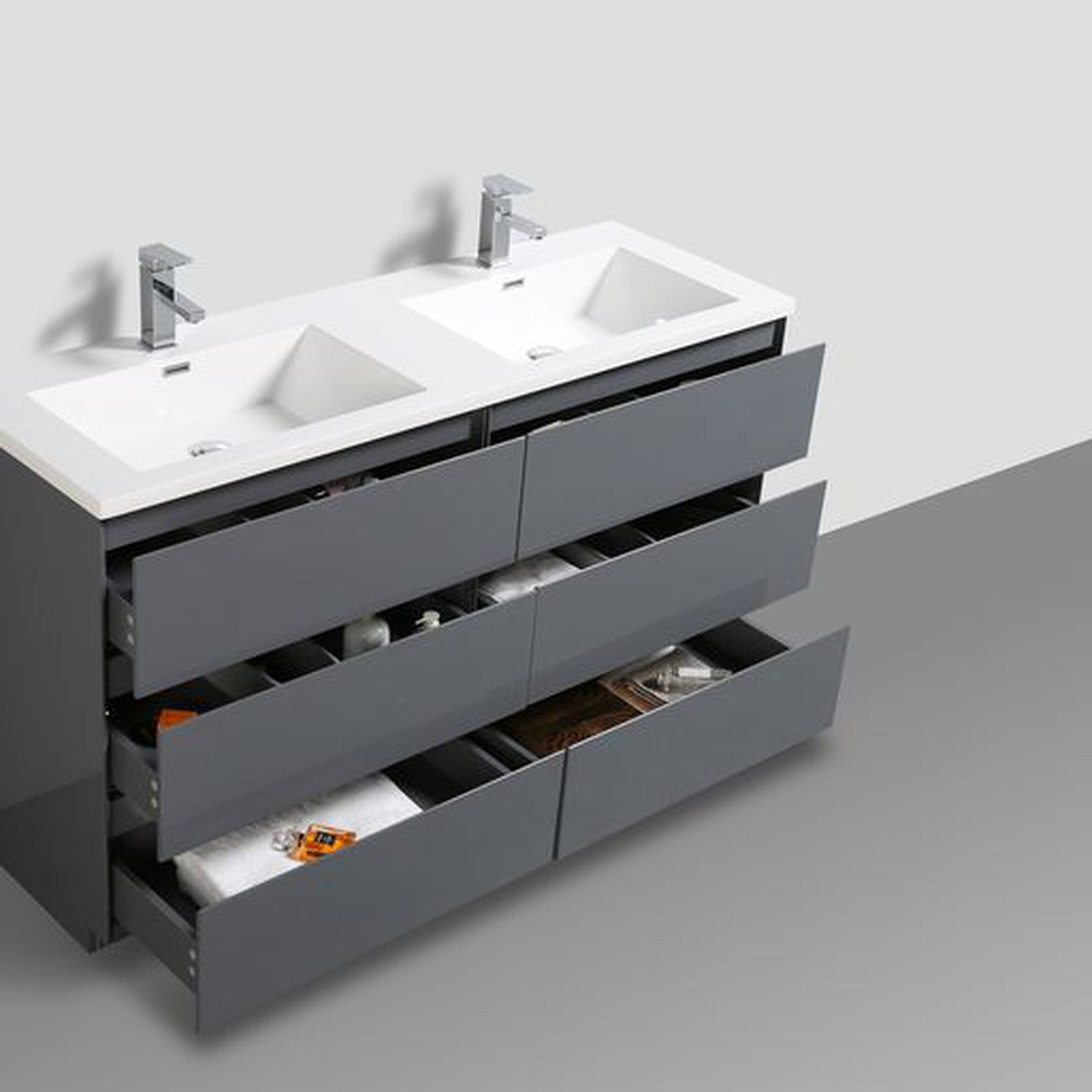 Elysian 60" High Gloss Gray Freestanding Vanity With Double Reinforced White Acrylic Sinks