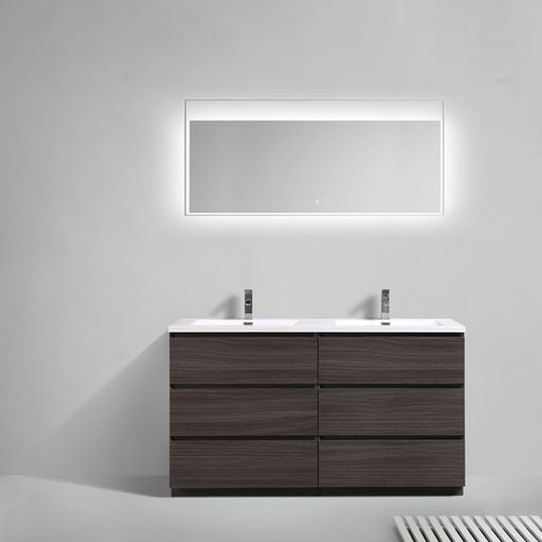Elysian 60" Dark Gray Oak Freestanding Vanity With Double Reinforced White Acrylic Sinks