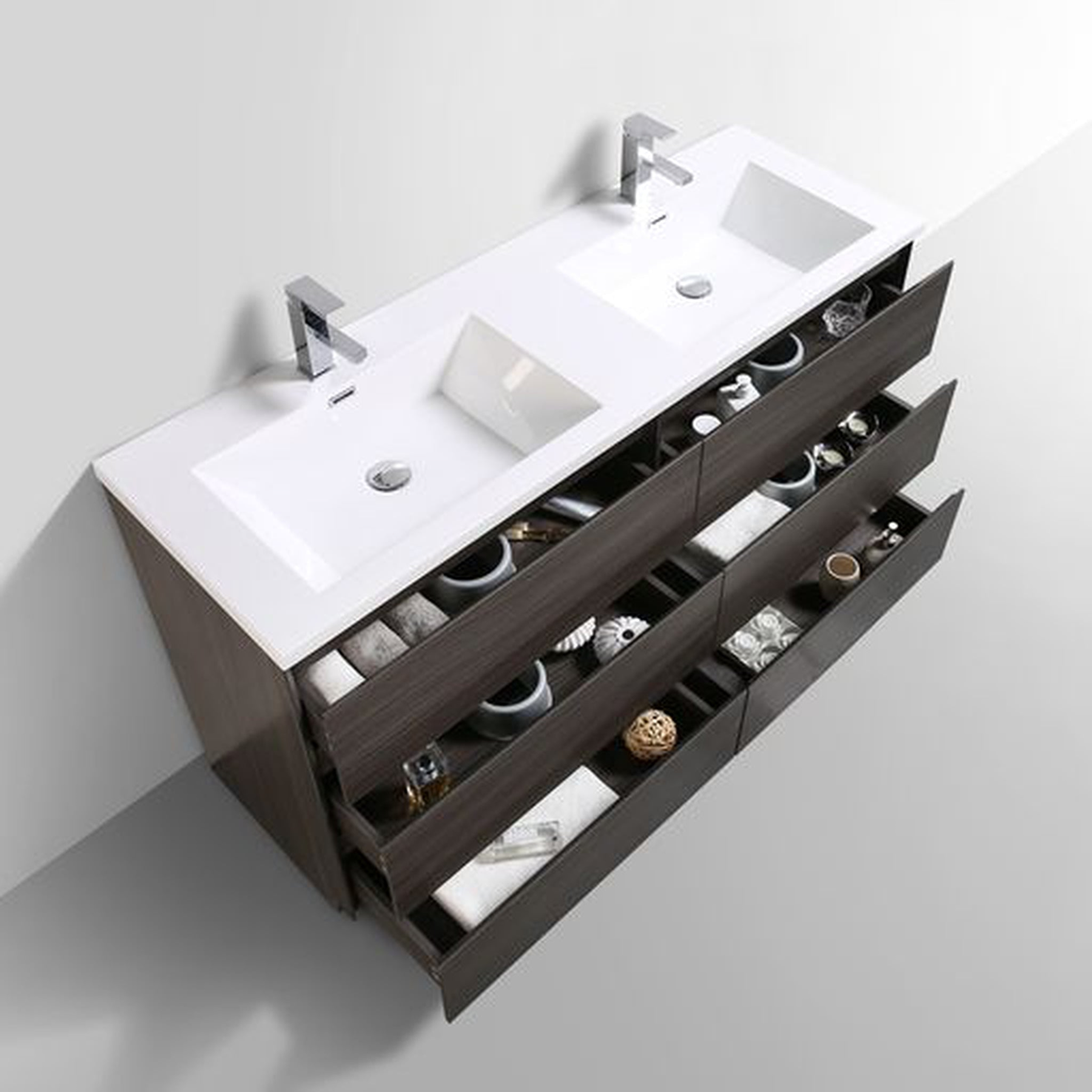 Elysian 60" Dark Gray Oak Freestanding Vanity With Double Reinforced White Acrylic Sinks