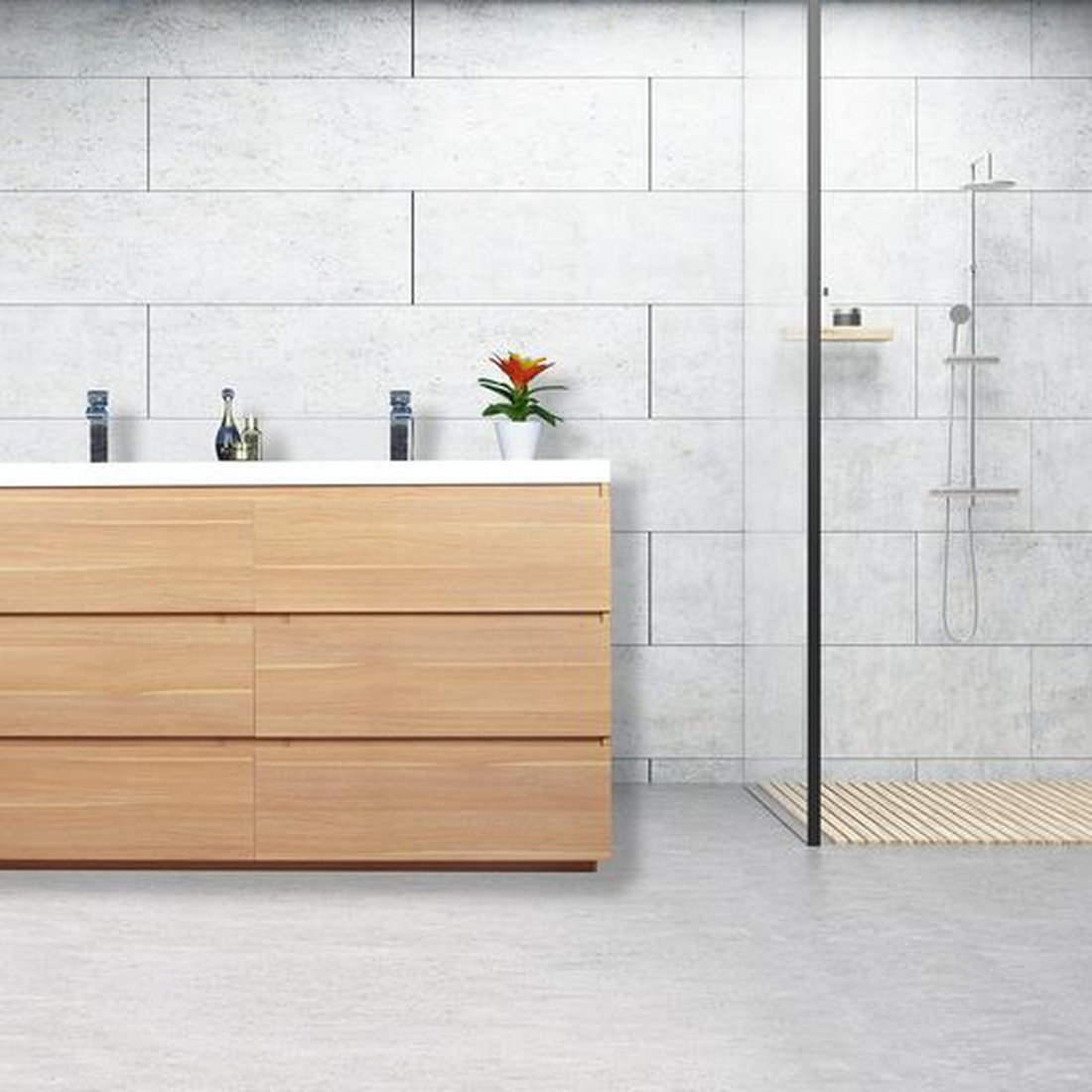 Elysian 60" White Oak Freestanding Vanity With Double Reinforced White Acrylic Sinks