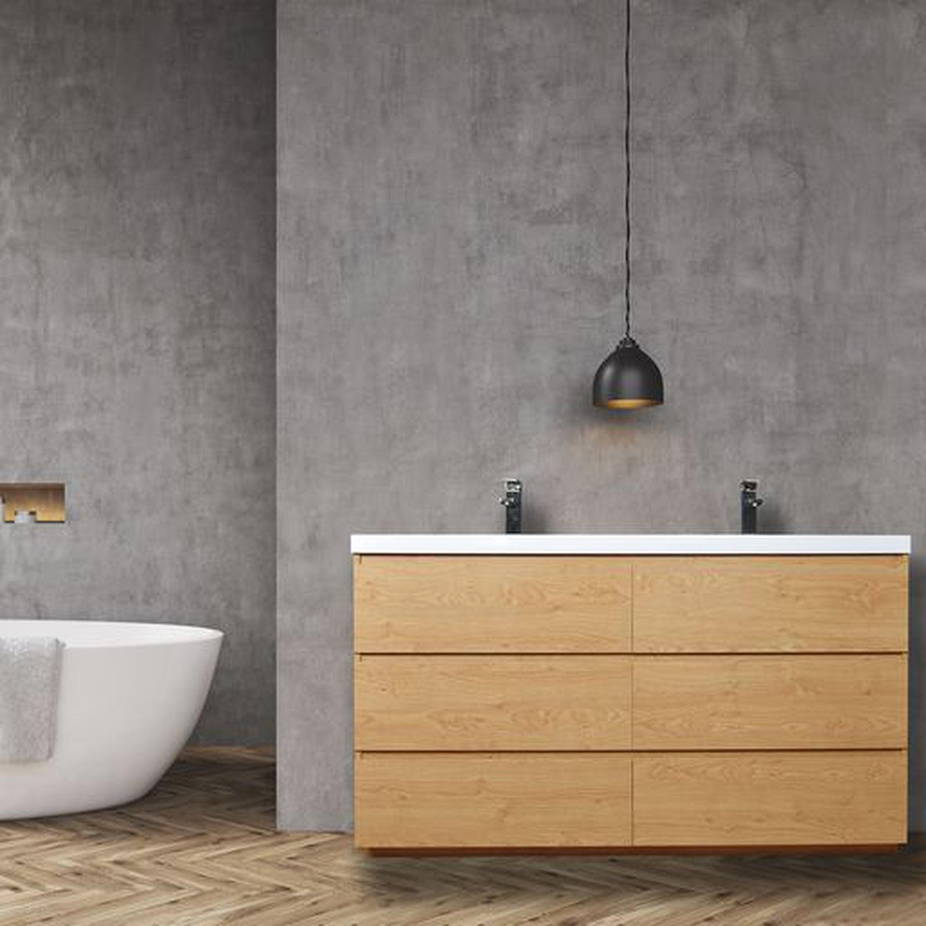 Elysian 60" New England Oak Freestanding Vanity With Double Reinforced White Acrylic Sinks