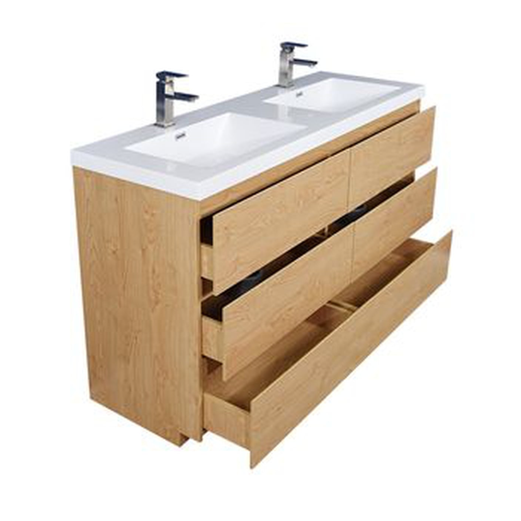 Elysian 60" New England Oak Freestanding Vanity With Double Reinforced White Acrylic Sinks