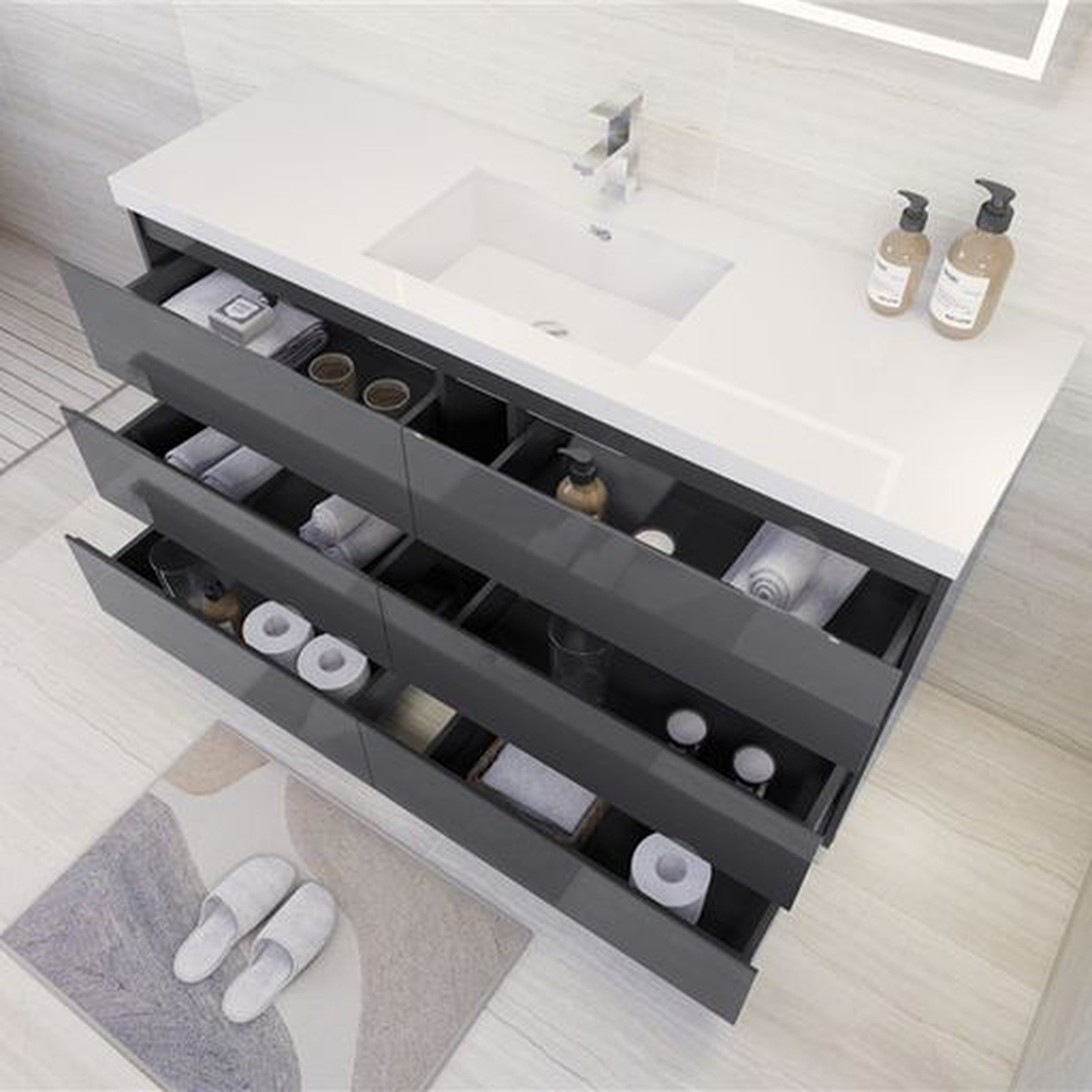 Elysian 60" High Gloss Gray Freestanding Vanity With Single Reinforced White Acrylic Sink