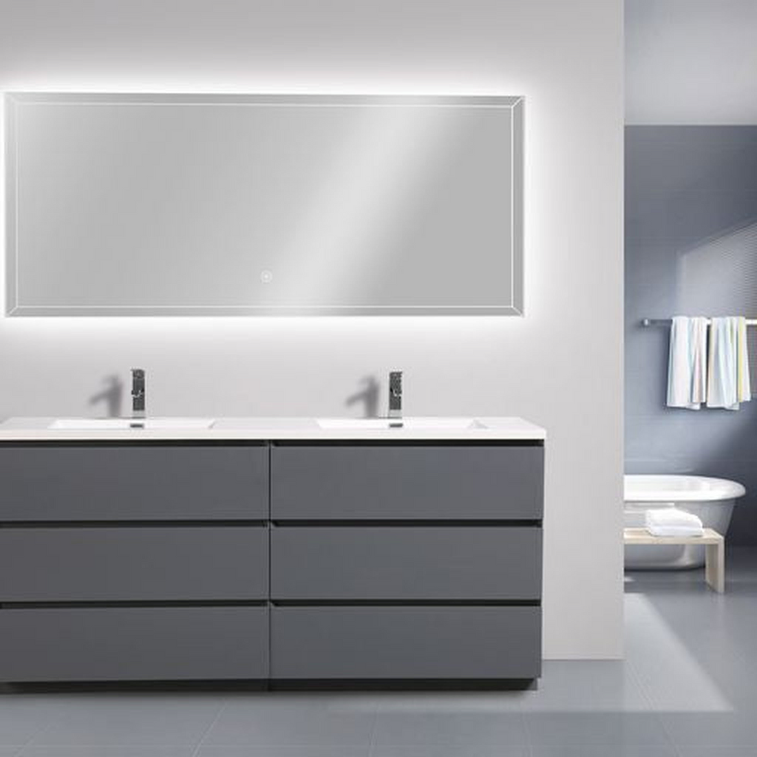 Elysian 72" High Gloss Gray Freestanding Vanity With Double Reinforced White Acrylic Sinks