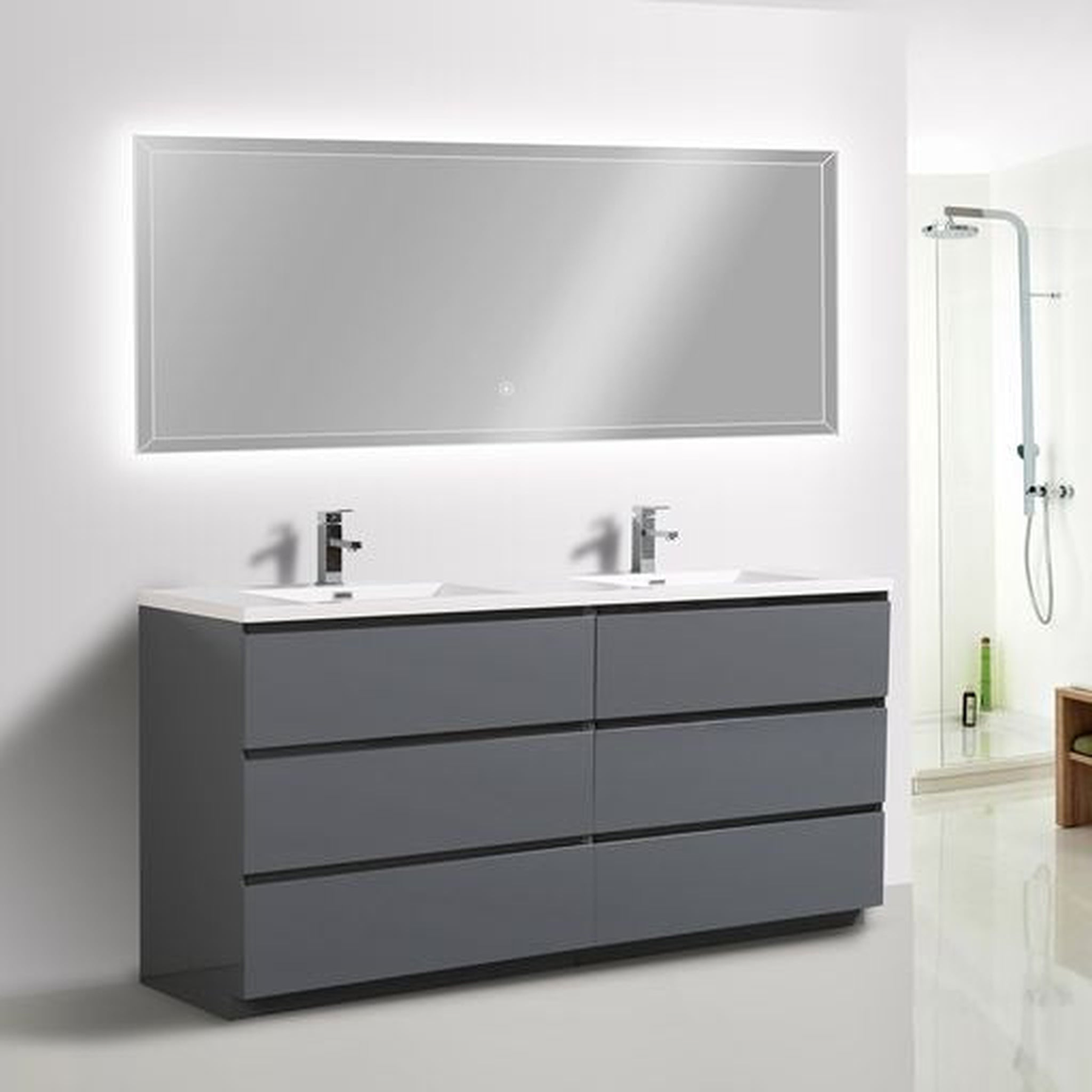 Elysian 72" High Gloss Gray Freestanding Vanity With Double Reinforced White Acrylic Sinks