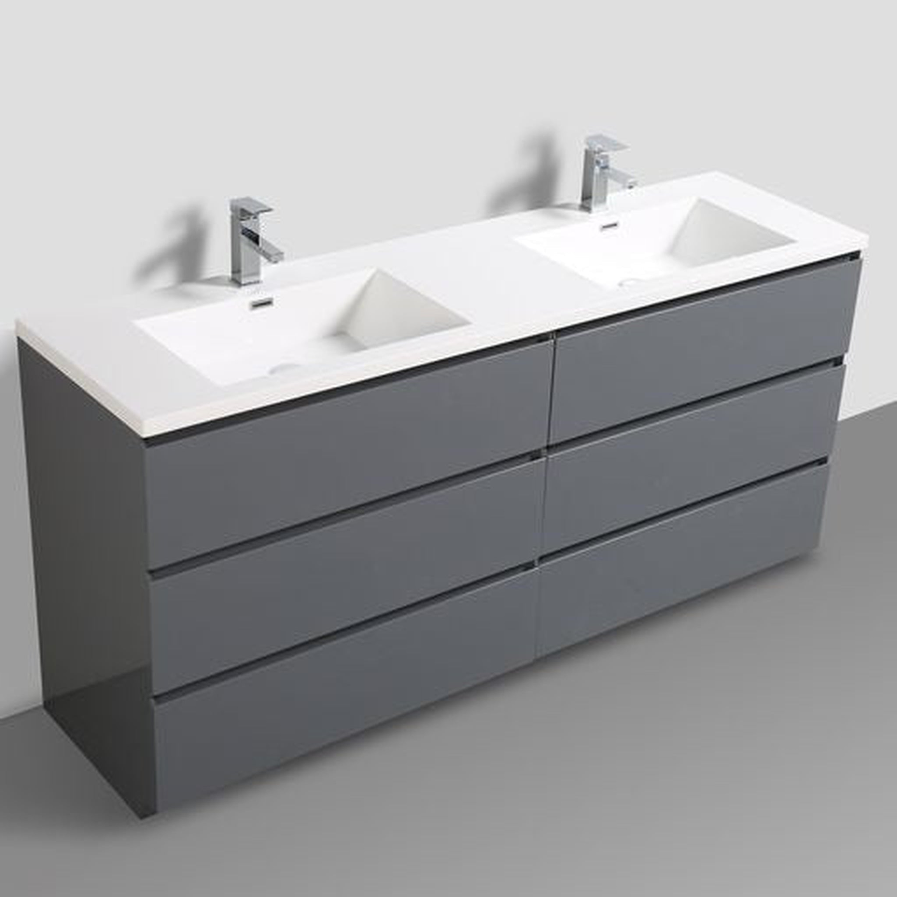 Elysian 72" High Gloss Gray Freestanding Vanity With Double Reinforced White Acrylic Sinks