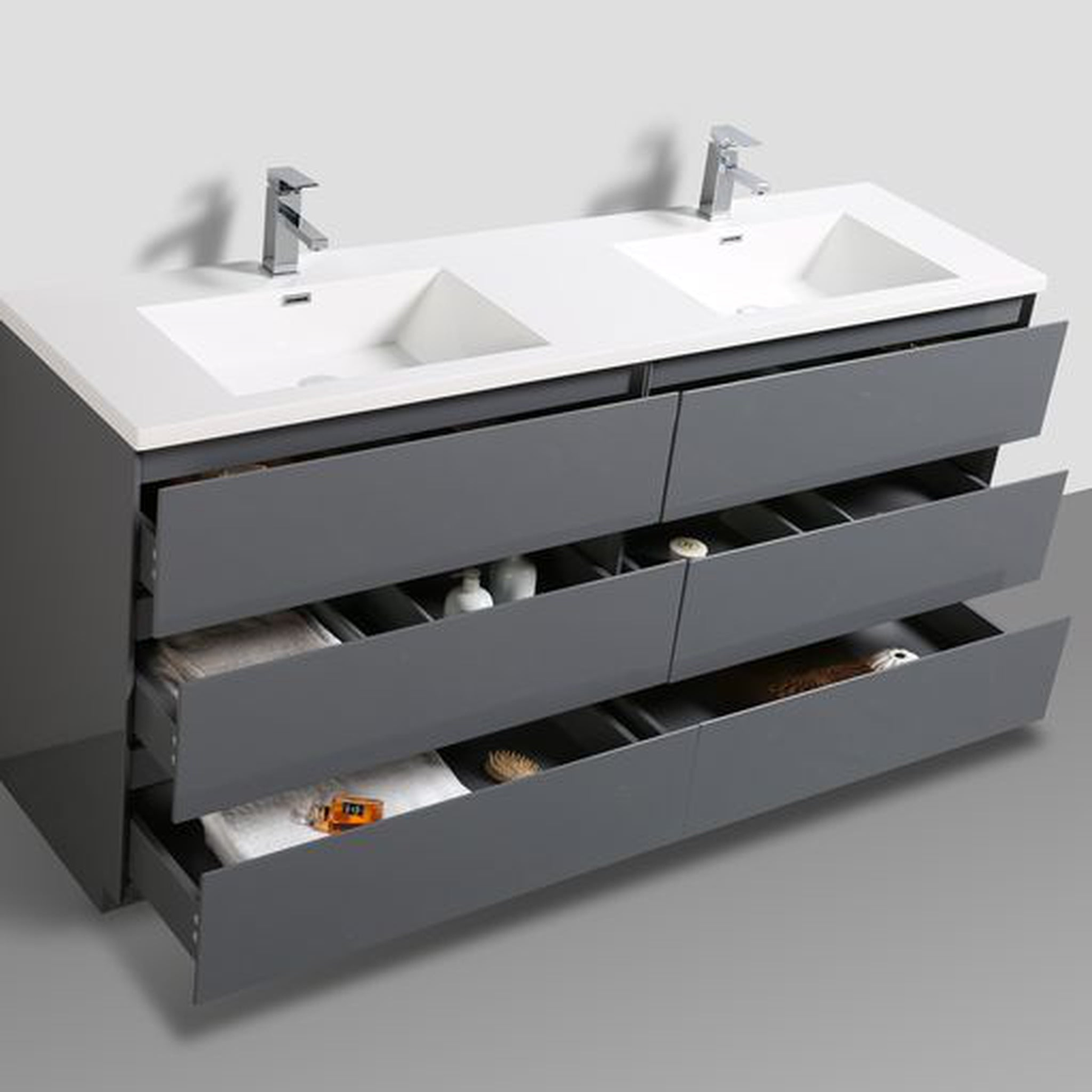 Elysian 72" High Gloss Gray Freestanding Vanity With Double Reinforced White Acrylic Sinks