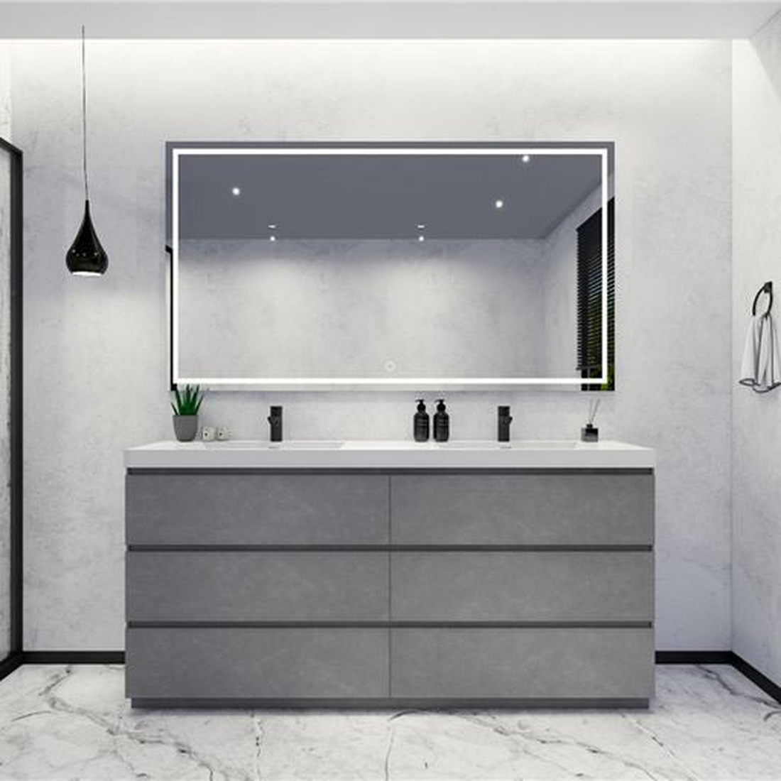 Elysian 72" Cement Gray Freestanding Vanity With Double Reinforced White Acrylic Sinks