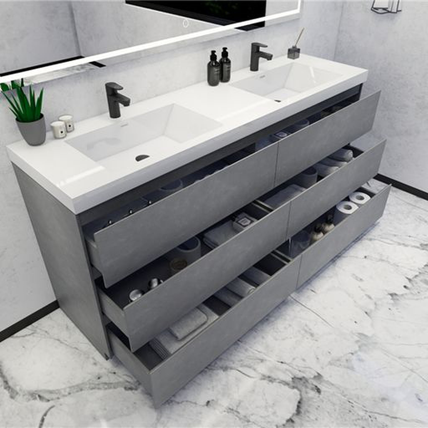 Elysian 72" Cement Gray Freestanding Vanity With Double Reinforced White Acrylic Sinks