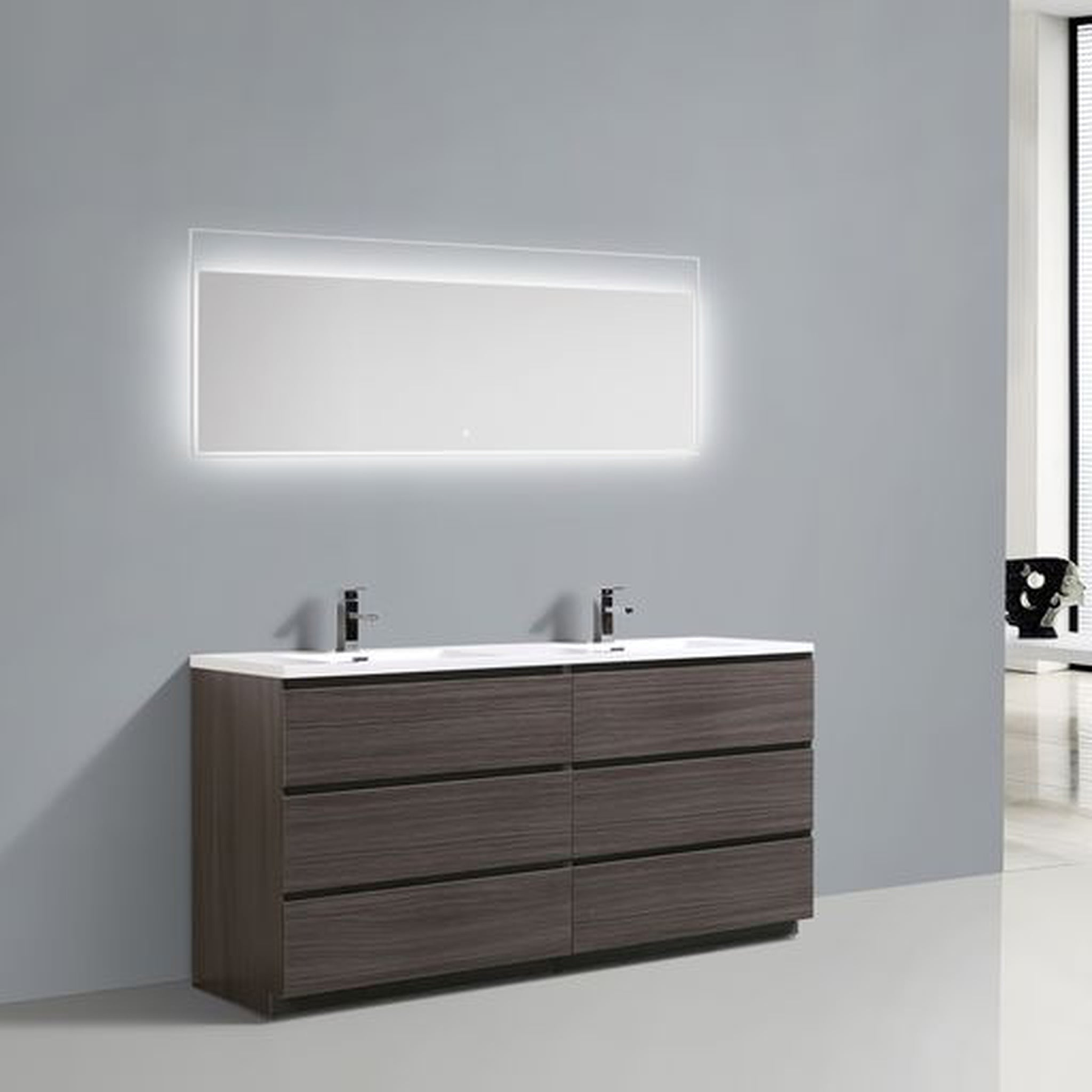 Elysian 72" Dark Gray Oak Freestanding Vanity With Double Reinforced White Acrylic Sinks