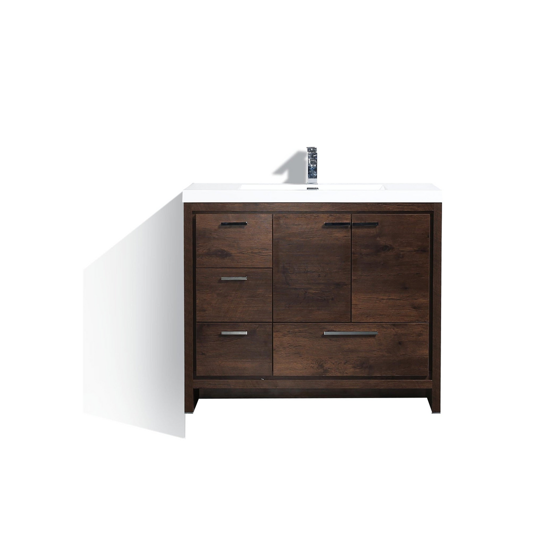 Amara 42" Rosewood Freestanding Vanity With Left Side Drawers and Single Reinforced White Acrylic Sink