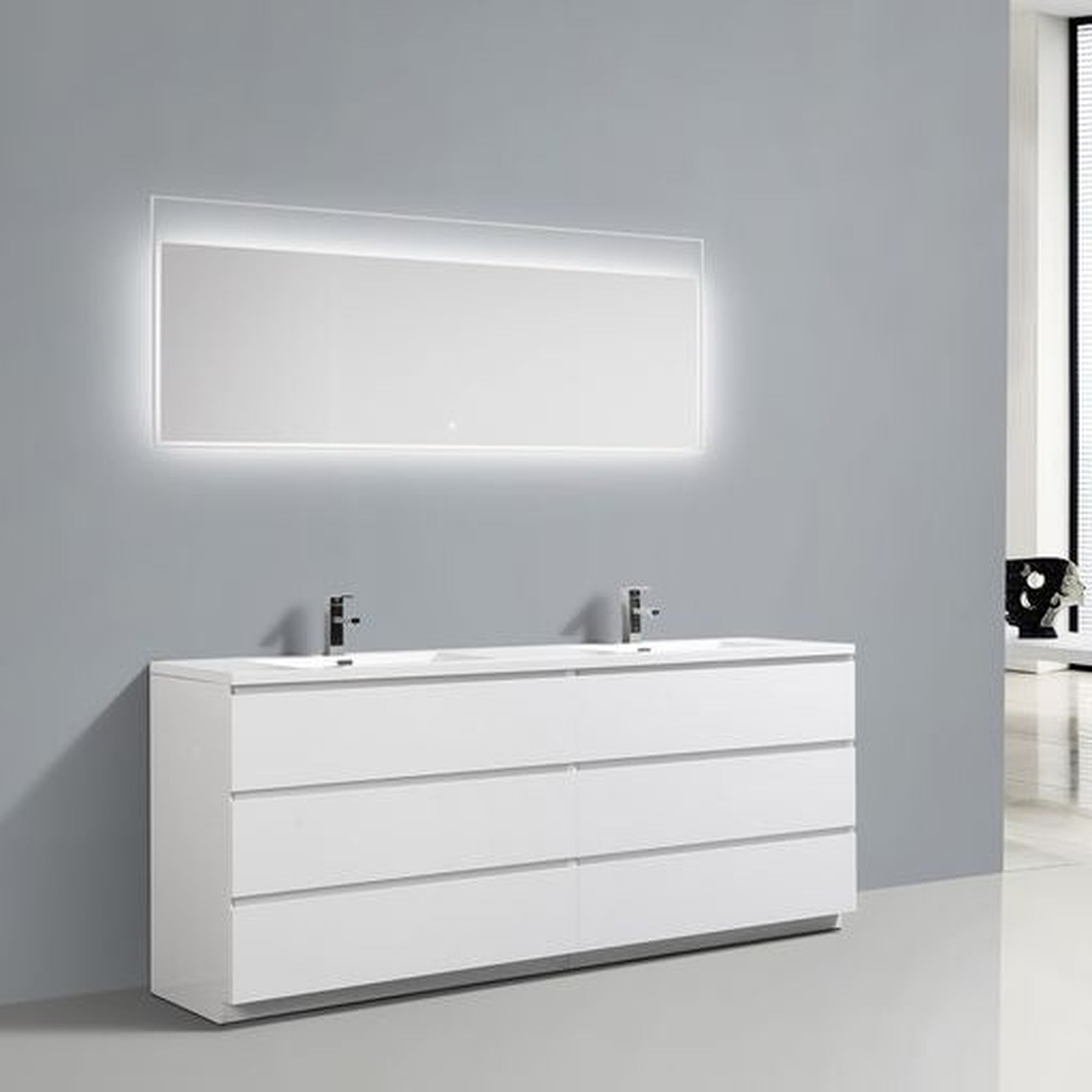 Elysian 84" High Gloss White Freestanding Vanity With Double Reinforced White Acrylic Sinks