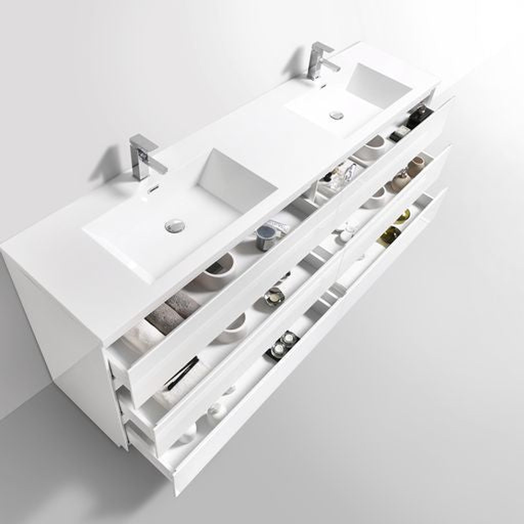 Elysian 84" High Gloss White Freestanding Vanity With Double Reinforced White Acrylic Sinks