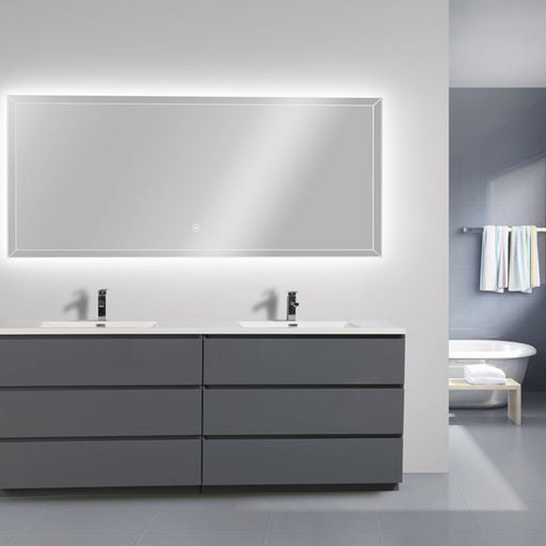 Elysian 84" High Gloss Gray Freestanding Vanity With Double Reinforced White Acrylic Sinks