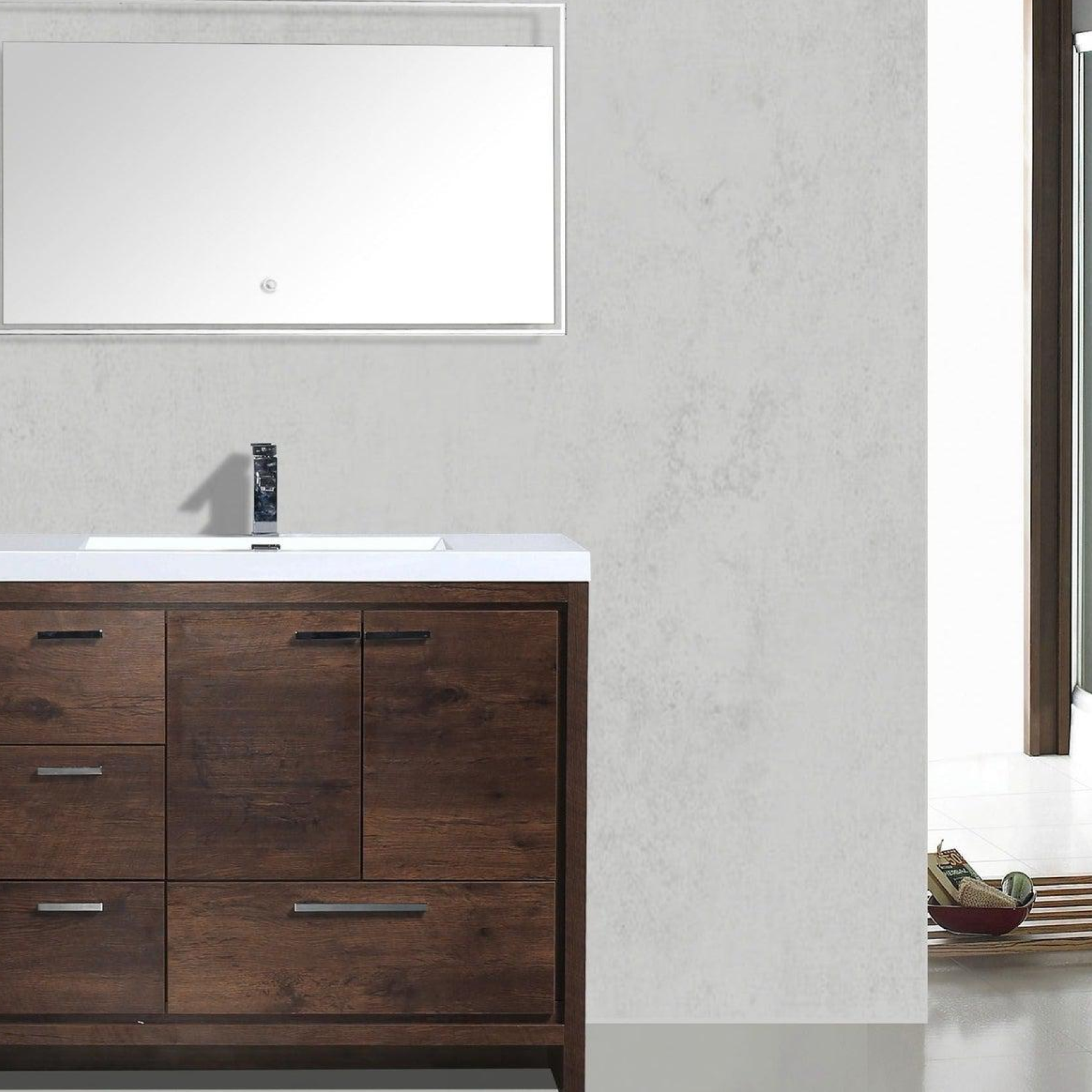 Amara 42" Rosewood Freestanding Vanity With Left Side Drawers and Single Reinforced White Acrylic Sink