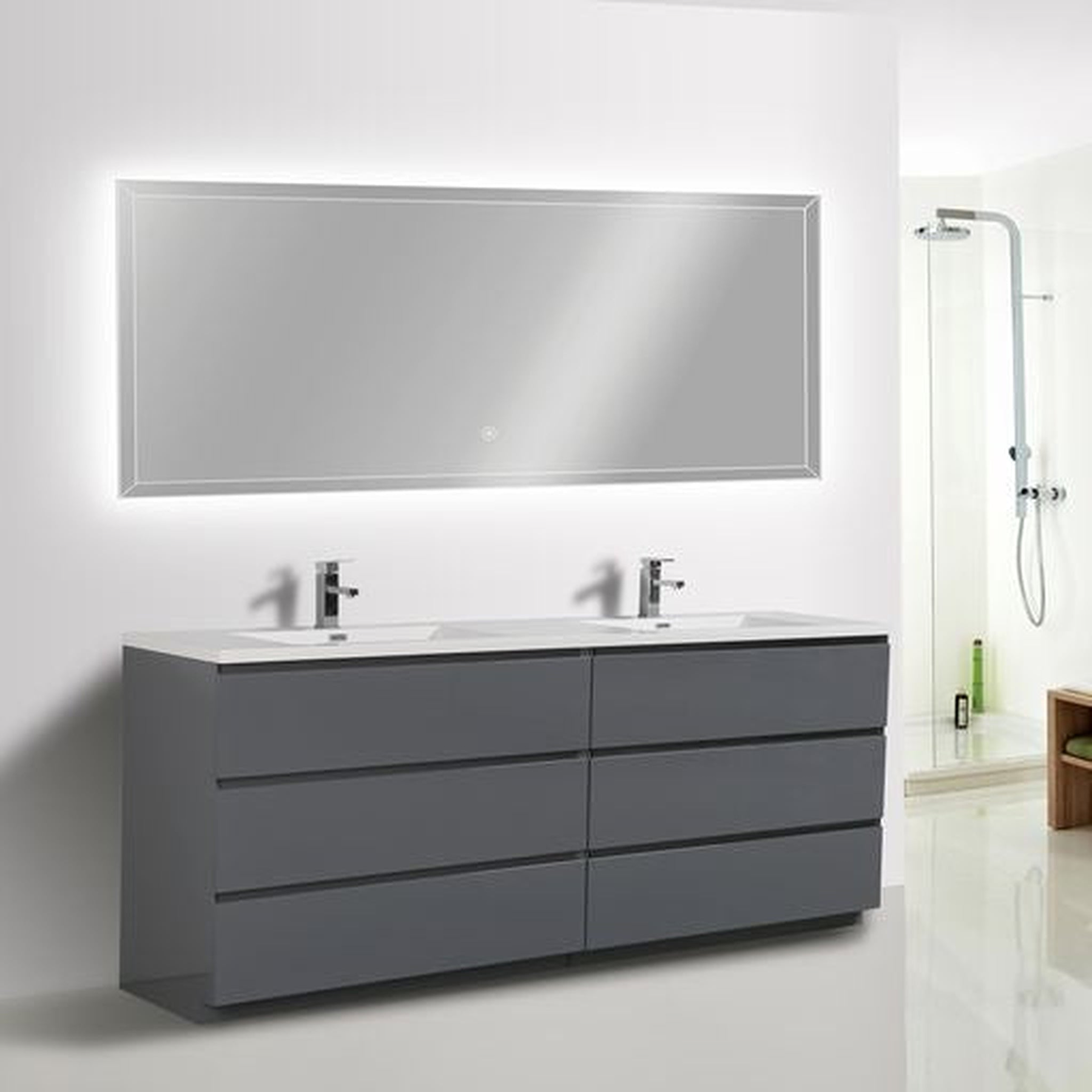 Elysian 84" High Gloss Gray Freestanding Vanity With Double Reinforced White Acrylic Sinks