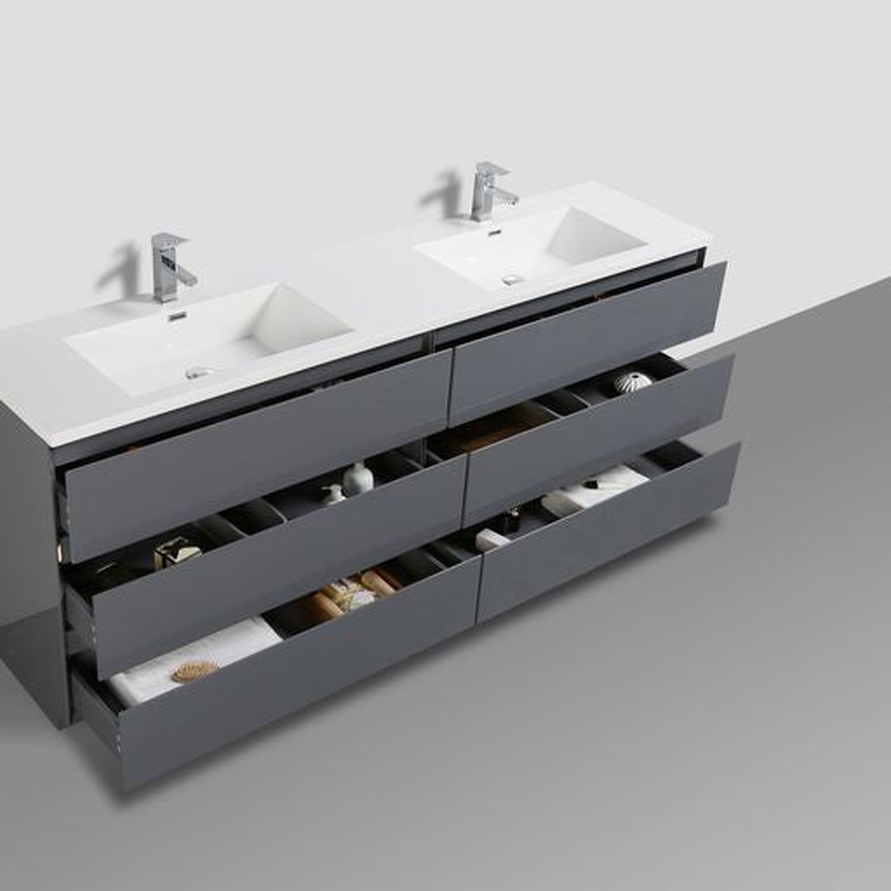 Elysian 84" High Gloss Gray Freestanding Vanity With Double Reinforced White Acrylic Sinks