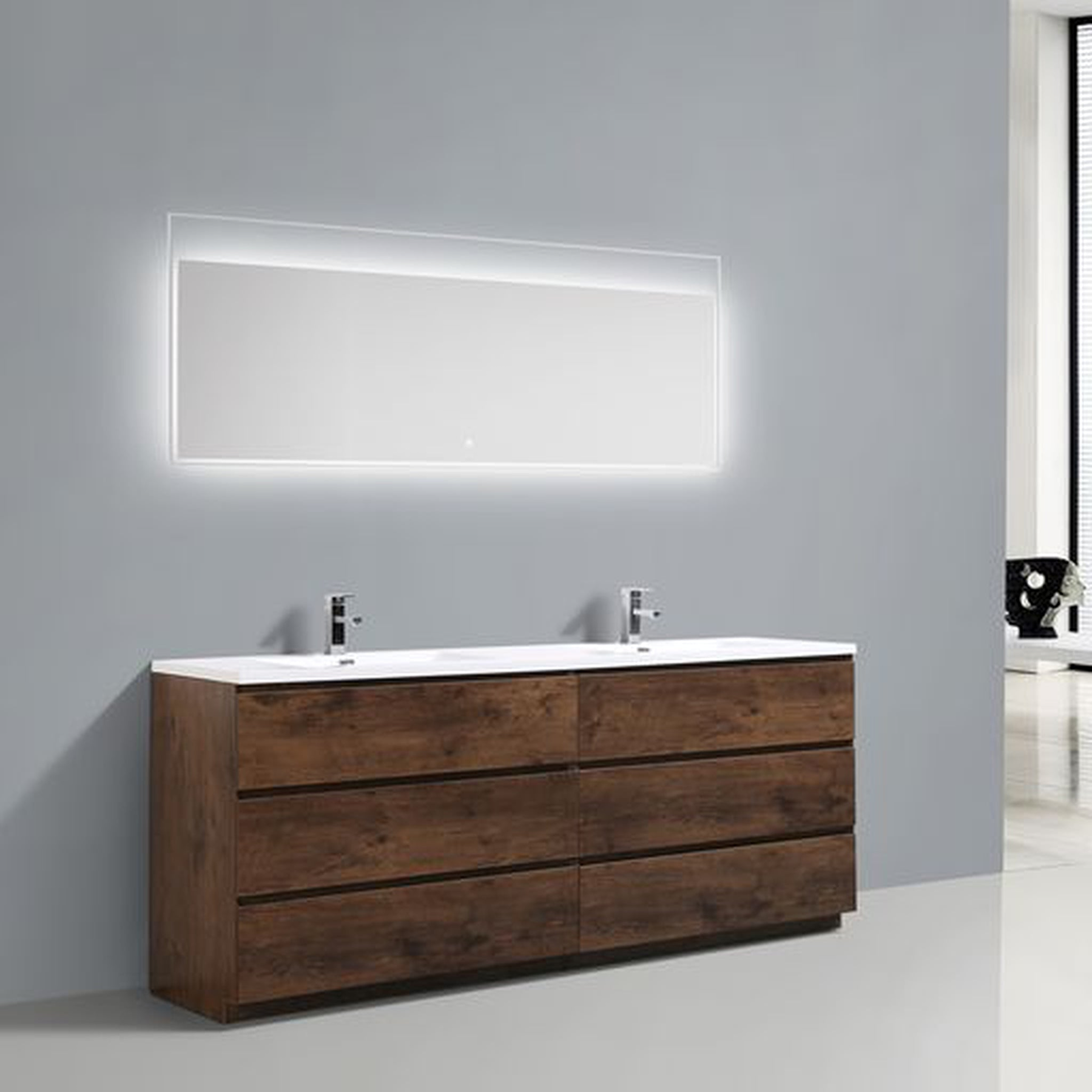 Elysian 84" Rosewood Freestanding Vanity With Double Reinforced White Acrylic Sinks