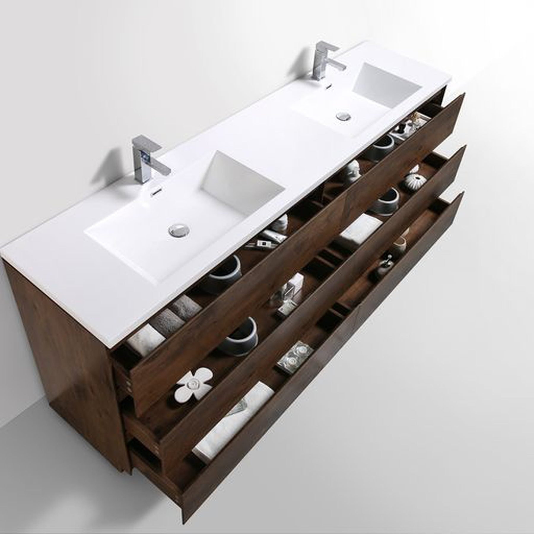Elysian 84" Rosewood Freestanding Vanity With Double Reinforced White Acrylic Sinks