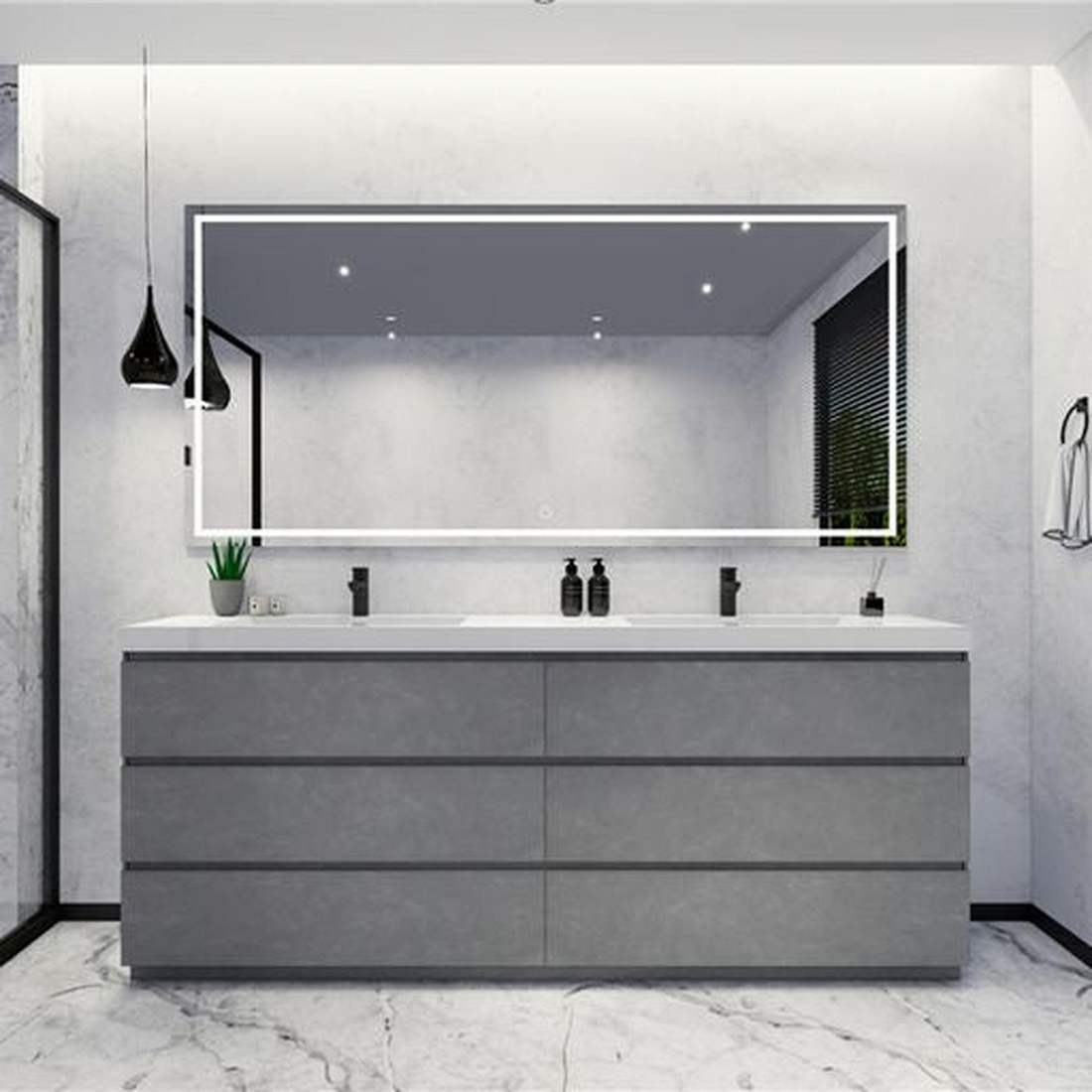 Elysian 84" Cement Gray Freestanding Vanity With Double Reinforced White Acrylic Sinks