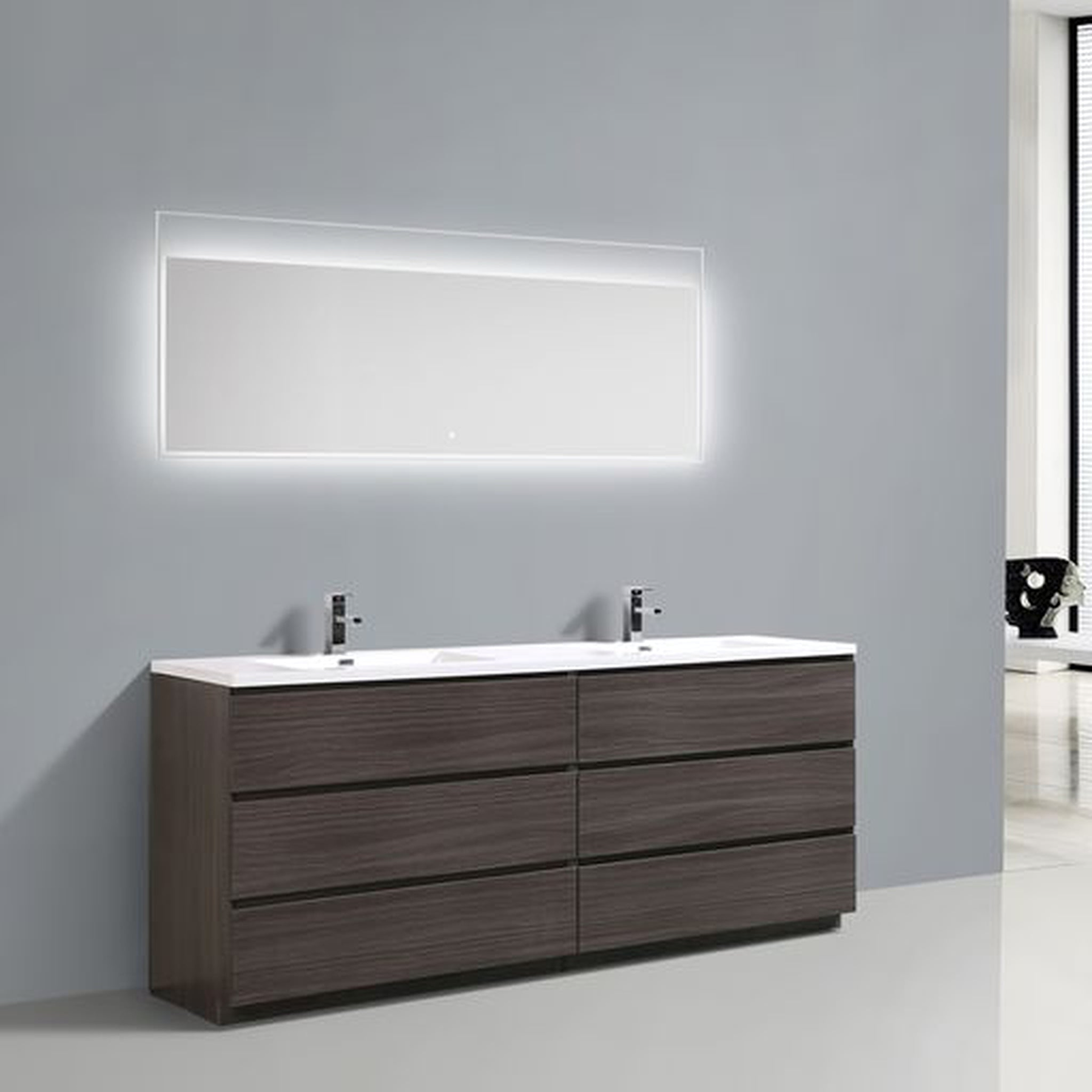 Elysian 84" Dark Gray Oak Freestanding Vanity With Double Reinforced White Acrylic Sinks