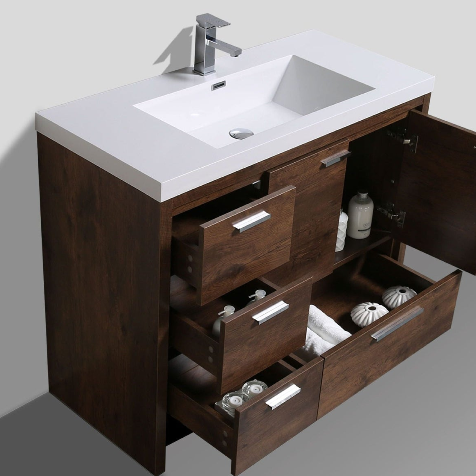 Amara 42" Rosewood Freestanding Vanity With Left Side Drawers and Single Reinforced White Acrylic Sink
