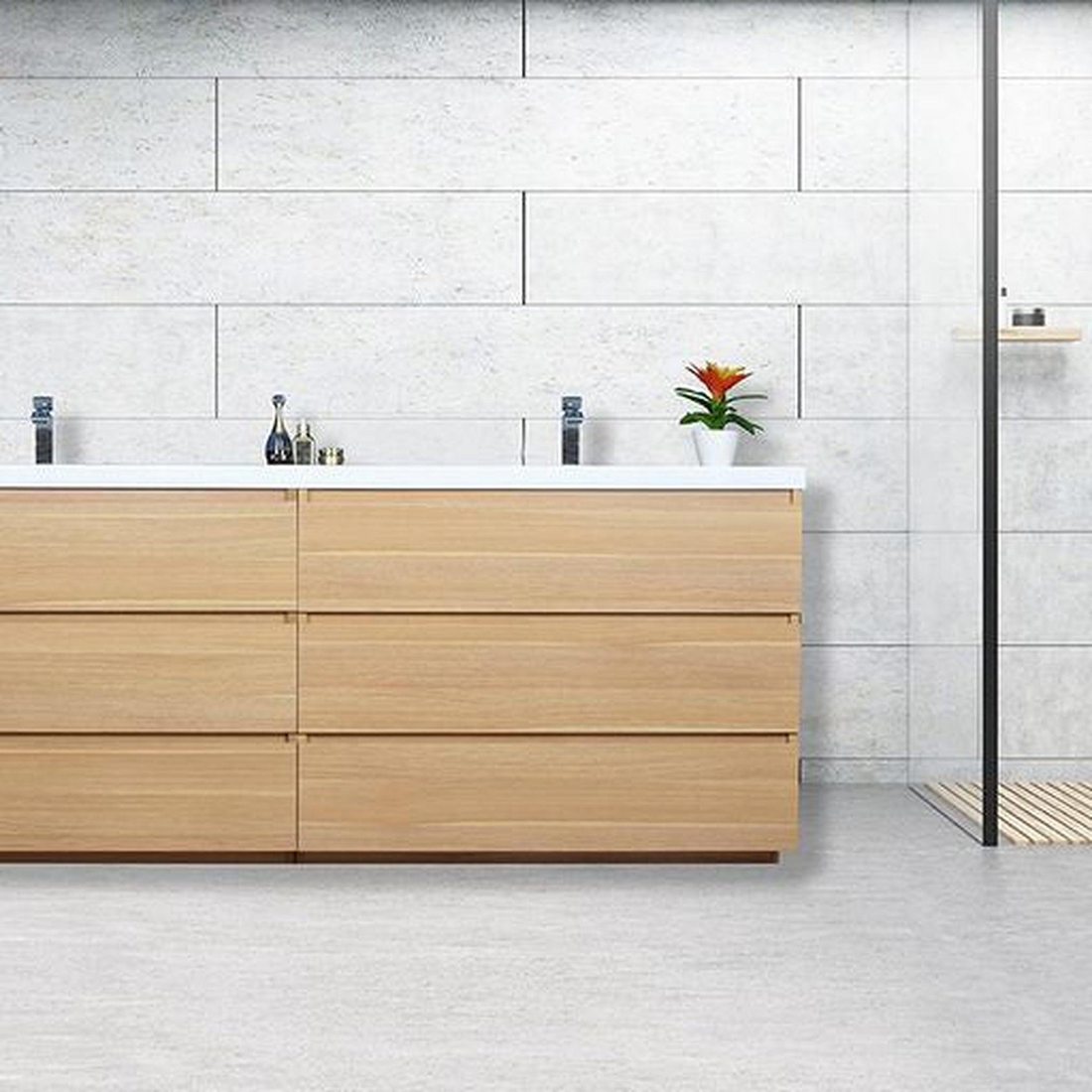 Elysian 84" White Oak Freestanding Vanity With Double Reinforced White Acrylic Sinks