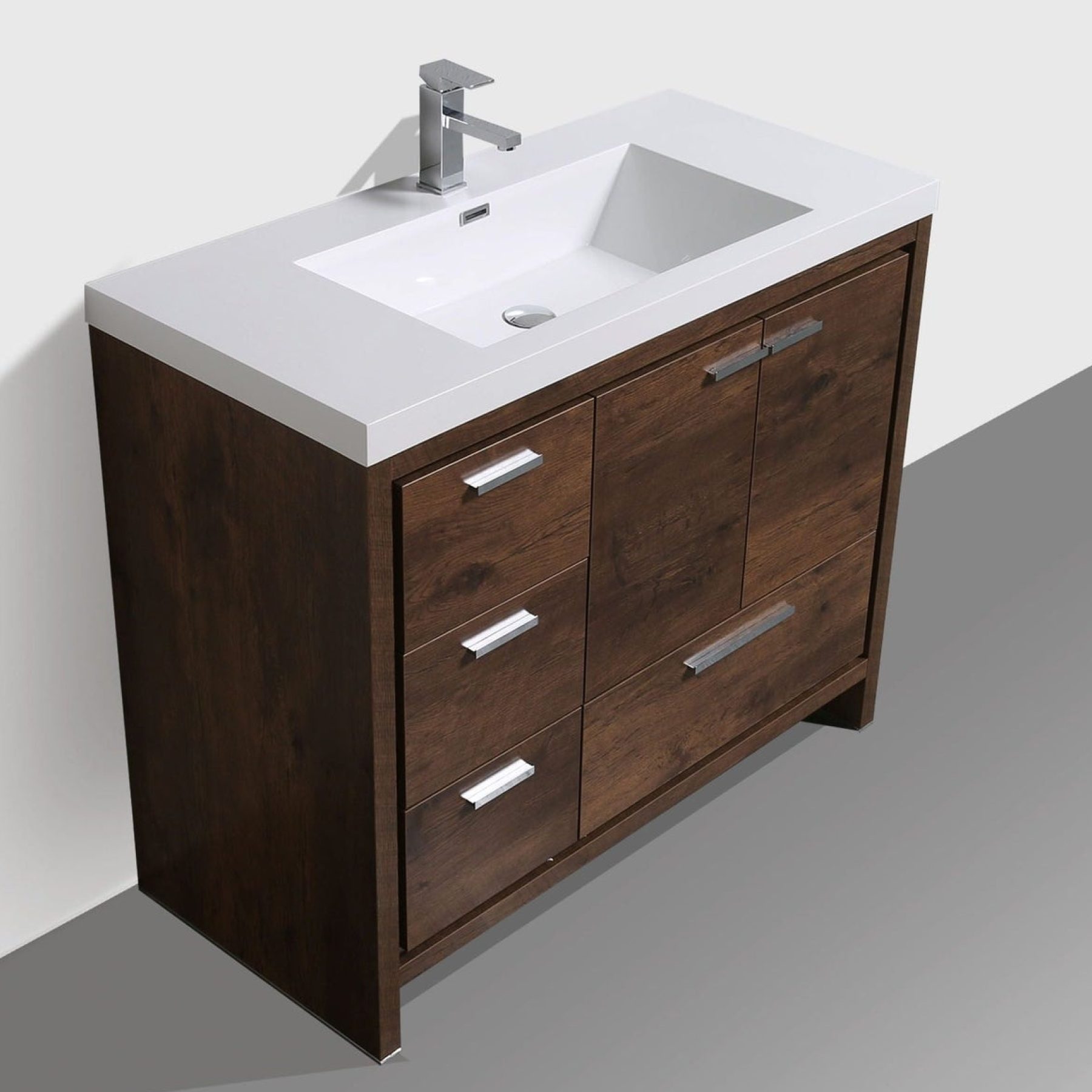 Amara 42" Rosewood Freestanding Vanity With Left Side Drawers and Single Reinforced White Acrylic Sink