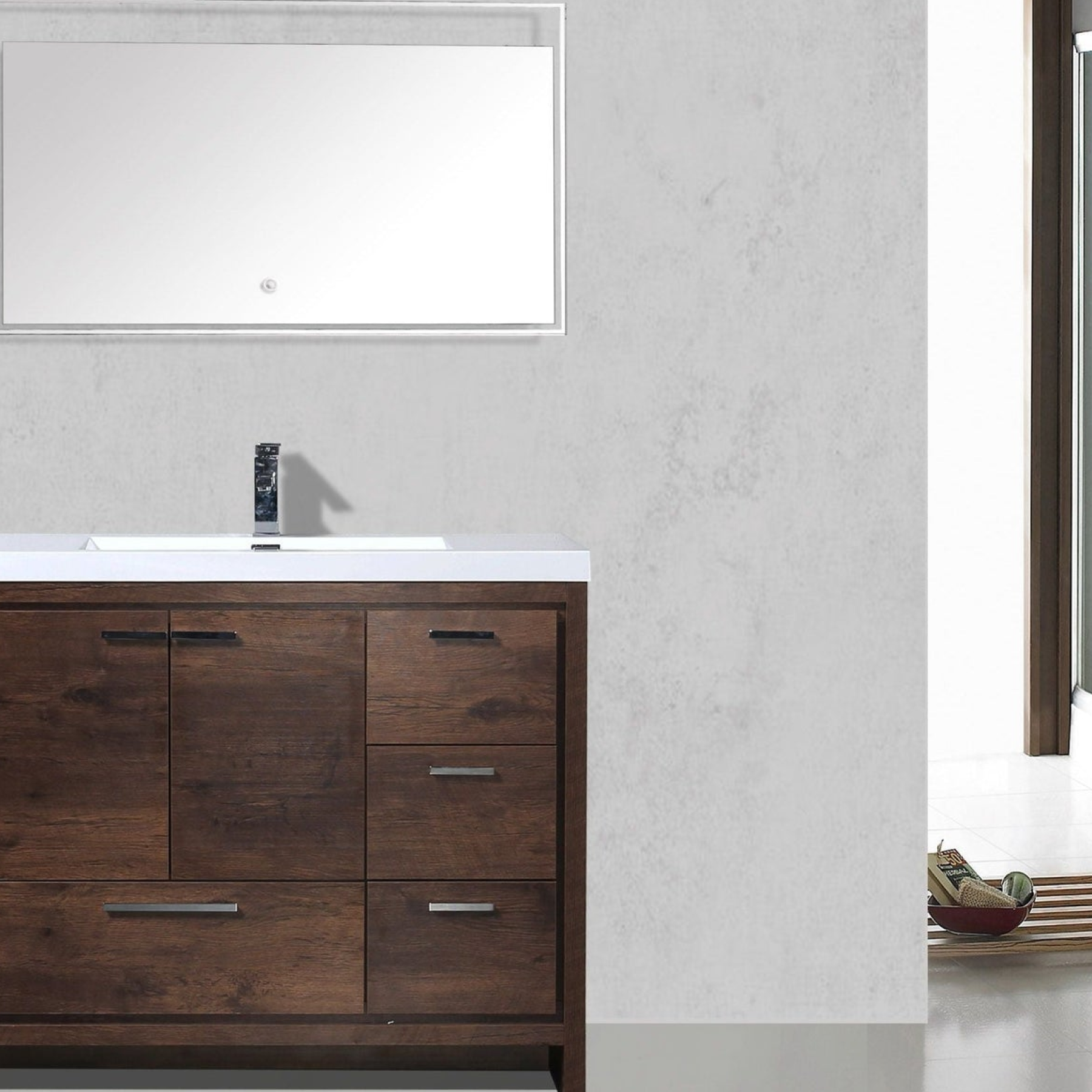 Amara 42" Rosewood Freestanding Vanity With Right Side Drawers and Single Reinforced White Acrylic Sink