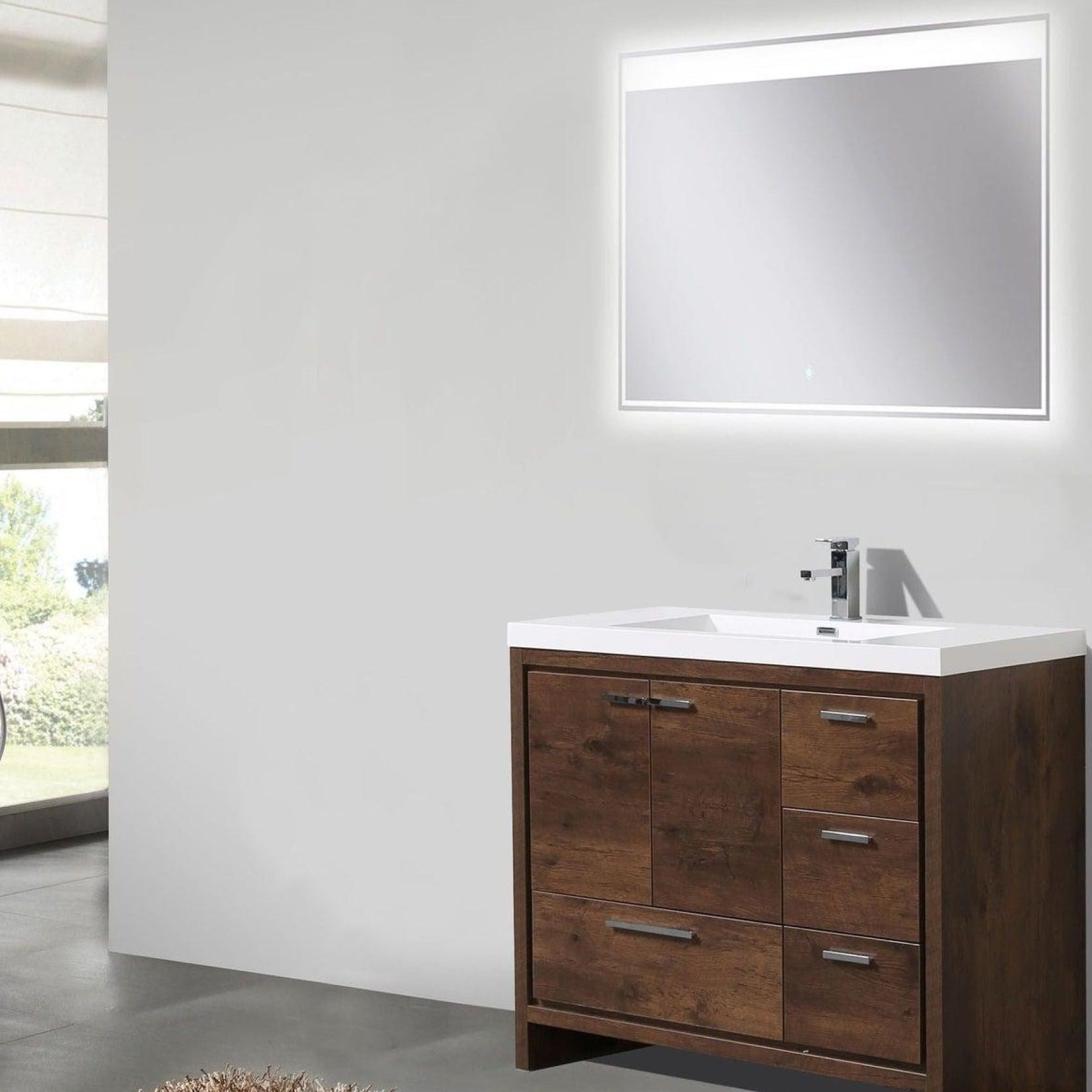 Amara 42" Rosewood Freestanding Vanity With Right Side Drawers and Single Reinforced White Acrylic Sink