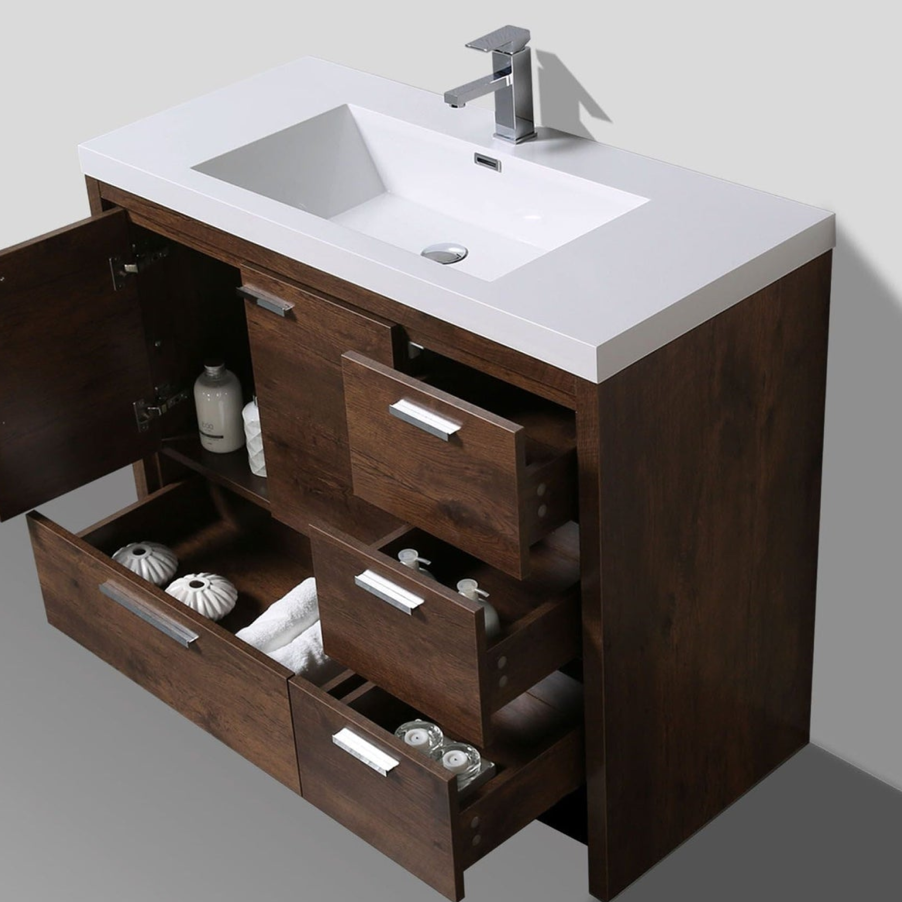 Amara 42" Rosewood Freestanding Vanity With Right Side Drawers and Single Reinforced White Acrylic Sink