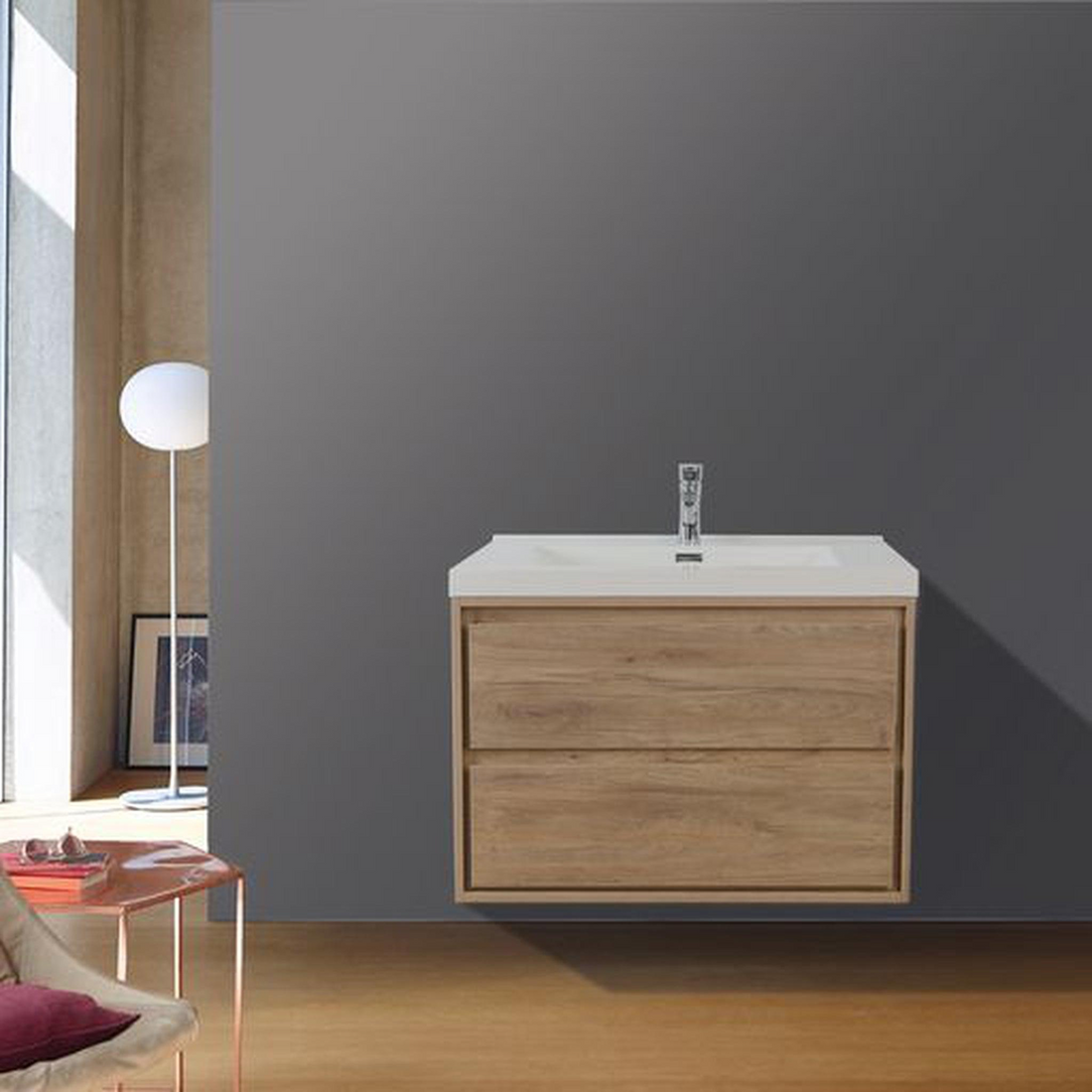 Eden 30" White Oak Wall-Mounted Modern Vanity With Single Reinforced White Acrylic Sink