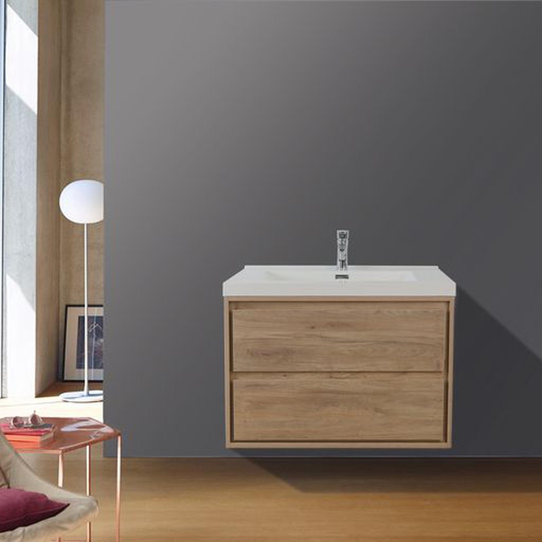 Eden 30" White Oak Wall-Mounted Modern Vanity With Single Reinforced White Acrylic Sink