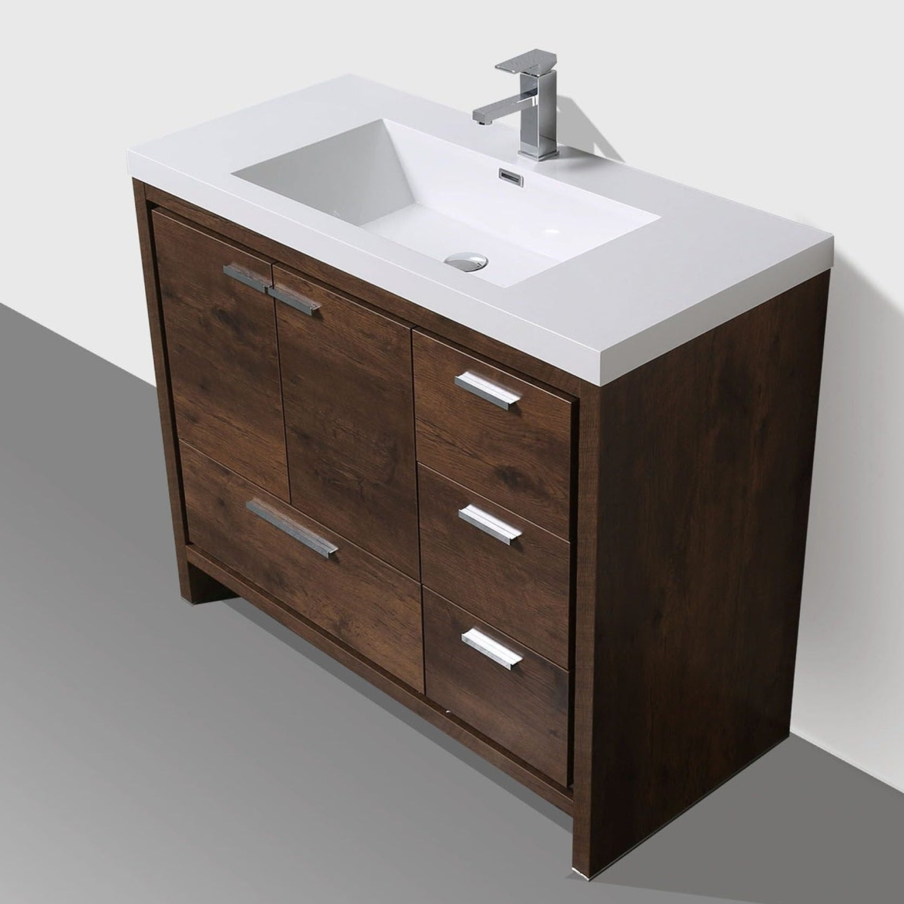 Amara 42" Rosewood Freestanding Vanity With Right Side Drawers and Single Reinforced White Acrylic Sink