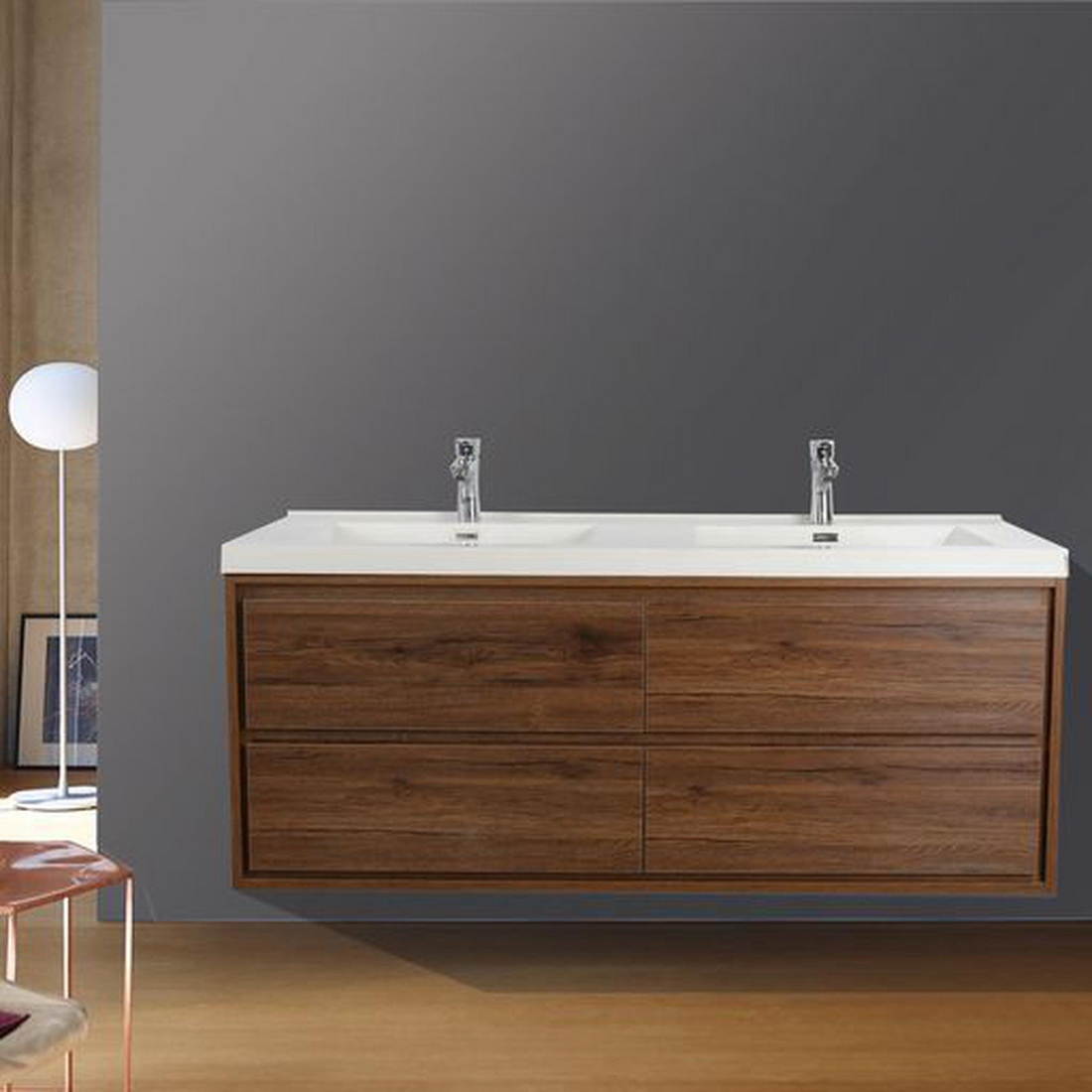 Eden 48" Rosewood Wall-Mounted Modern Vanity With Double Reinforced White Acrylic Sinks