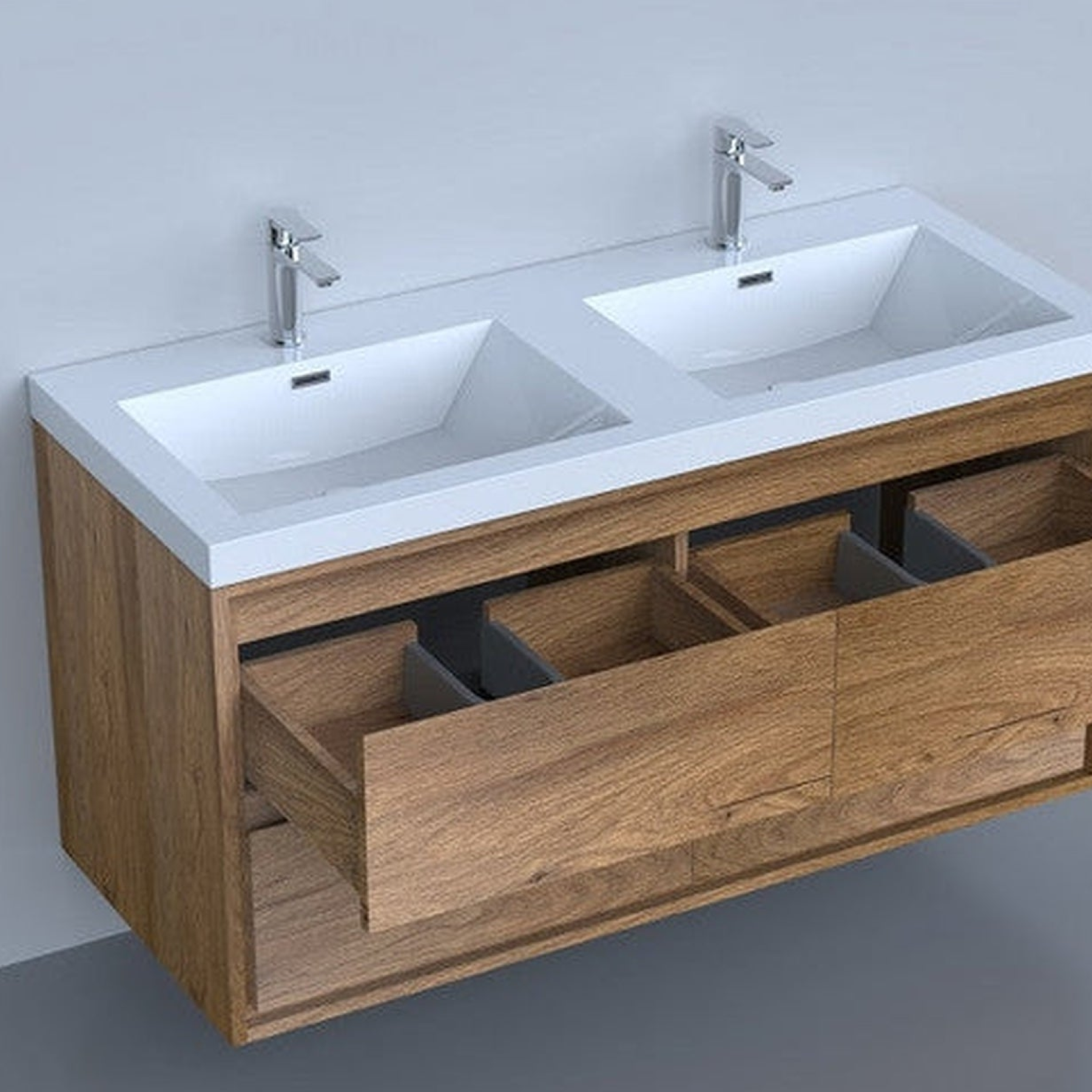 Eden 48" White Oak Wall-Mounted Modern Vanity With Double Reinforced White Acrylic Sinks