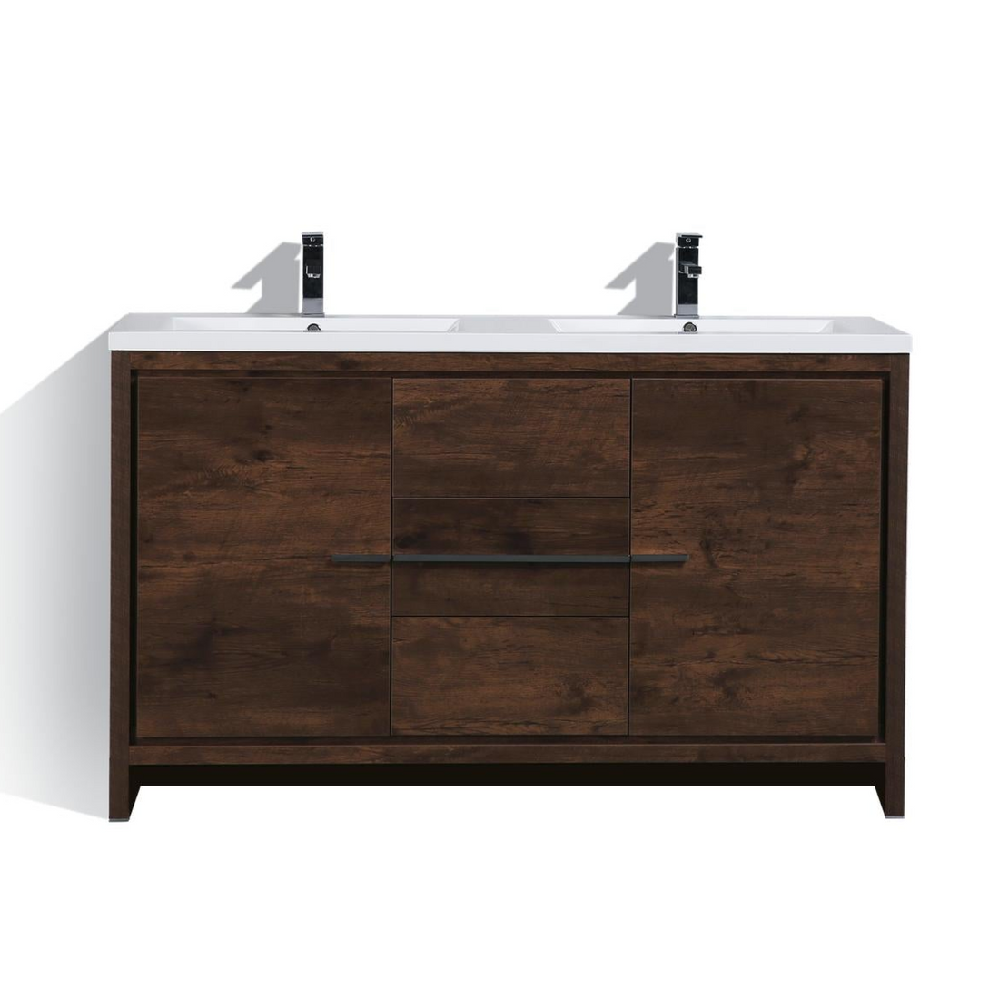 Amara 60" Rosewood Freestanding Vanity With Double Reinforced White Acrylic Sinks