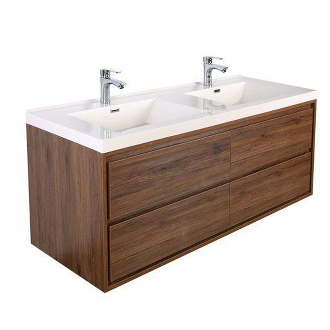 Eden 60" Rosewood Wall-Mounted Modern Vanity With Double Reinforced White Acrylic Sinks