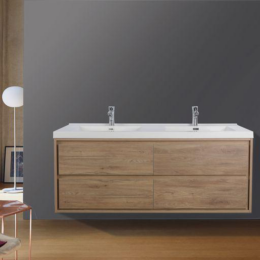 Eden 60" White Oak Wall-Mounted Modern Vanity With Double Reinforced White Acrylic Sinks
