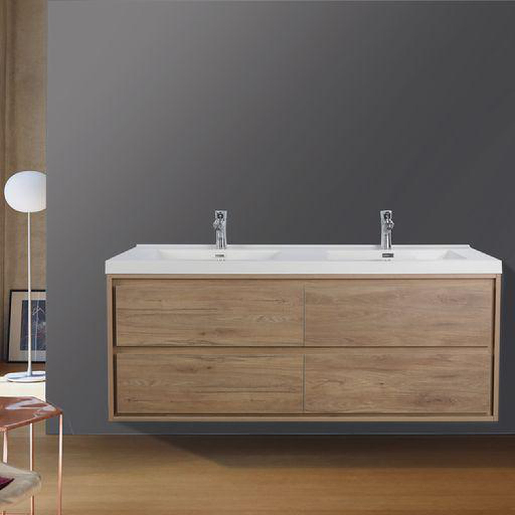 Eden 60" White Oak Wall-Mounted Modern Vanity With Double Reinforced White Acrylic Sinks