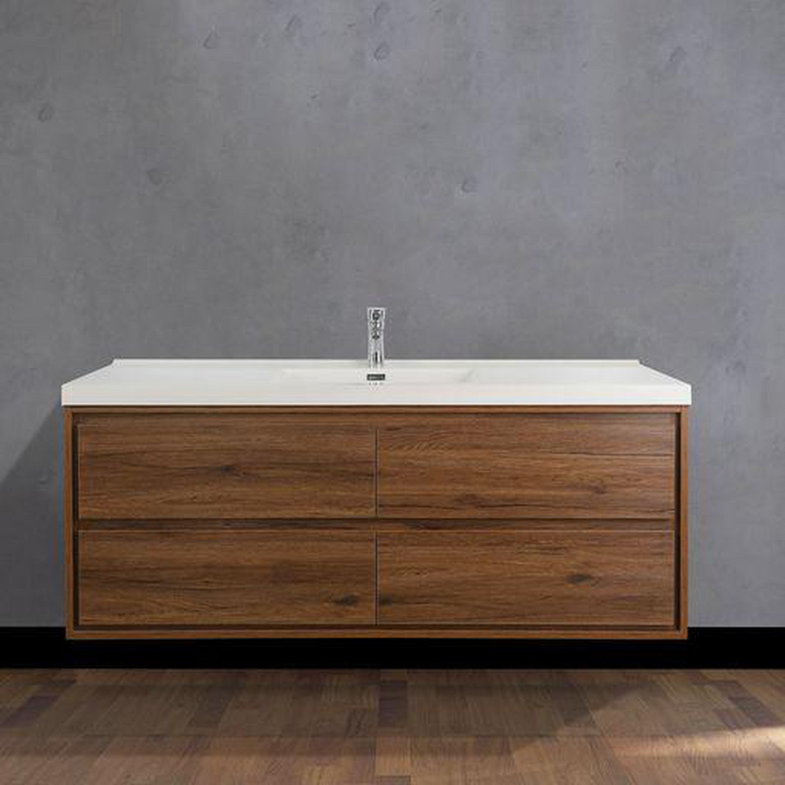 Eden 60" Rosewood Wall-Mounted Modern Vanity With Single Reinforced White Acrylic Sink